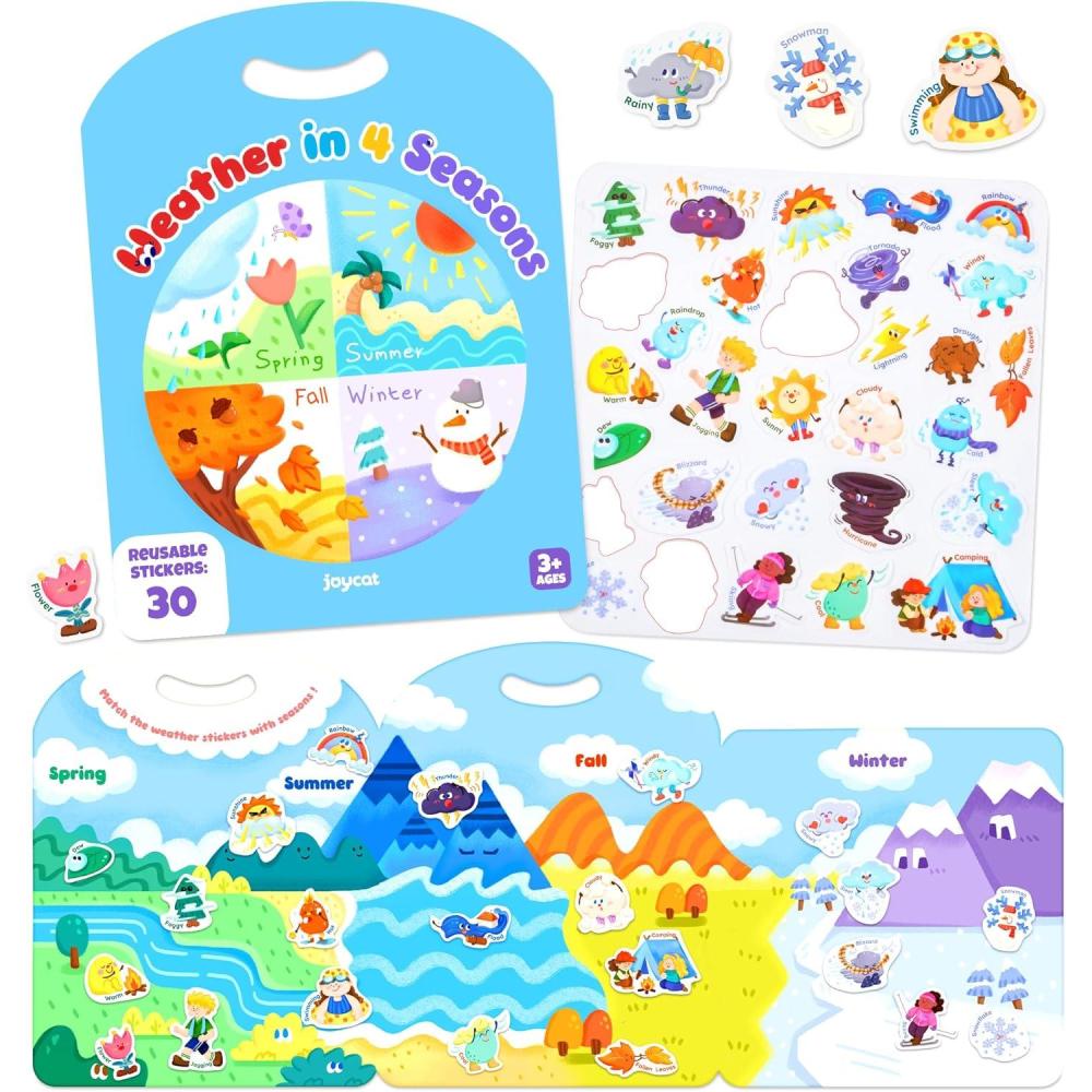 JoyCat Reusable Sticker Book Set (3-Pack): Farm, Pizza-Making, Weather – 90 Pcs Stickers for Toddlers, Kids Sticker Activity Book, Road Trip Travel Toys, Birthday Gifts for Boys and Girls(Weather)