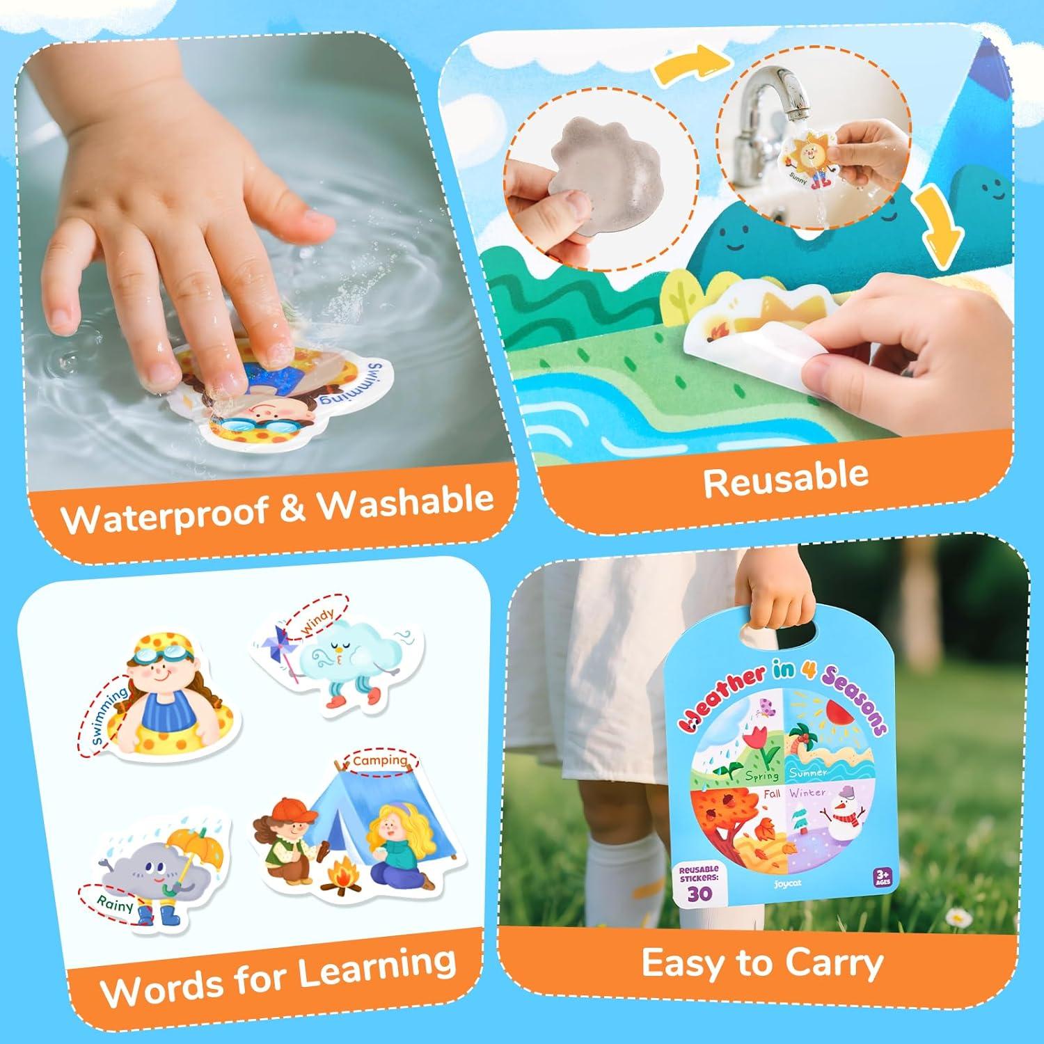 JoyCat Reusable Sticker Book Set (3-Pack): Farm, Pizza-Making, Weather – 90 Pcs Stickers for Toddlers, Kids Sticker Activity Book, Road Trip Travel Toys, Birthday Gifts for Boys and Girls(Weather)