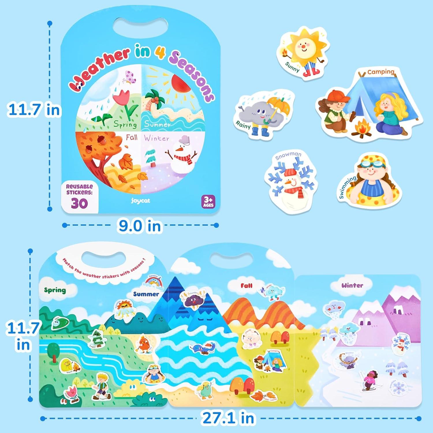 JoyCat Reusable Sticker Book Set (3-Pack): Farm, Pizza-Making, Weather – 90 Pcs Stickers for Toddlers, Kids Sticker Activity Book, Road Trip Travel Toys, Birthday Gifts for Boys and Girls(Weather)