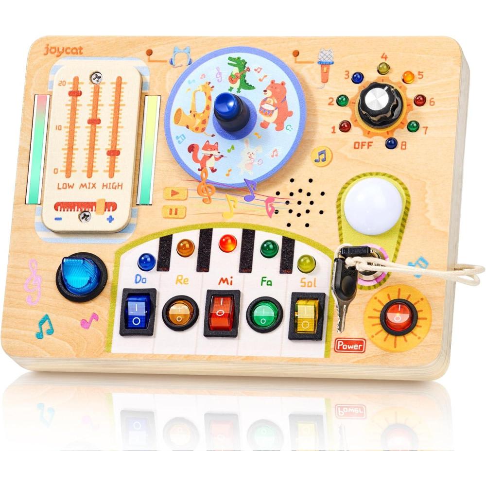 JoyCat Busy Board with Led Light, Toddler Toys for 1 2 3 4 Year Old Boys and Girls, Wooden Sensory Toys with Music, Travel Toy for Toddlers 1-3, Birthday Presents (Yellow)(Yellow)