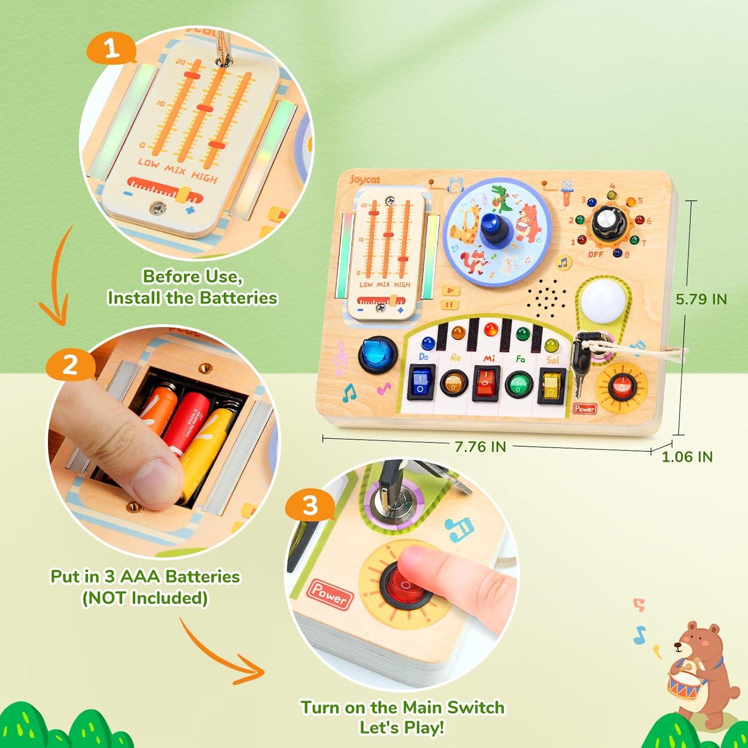 JoyCat Busy Board with Led Light, Toddler Toys for 1 2 3 4 Year Old Boys and Girls, Wooden Sensory Toys with Music, Travel Toy for Toddlers 1-3, Birthday Presents (Yellow)(Yellow)