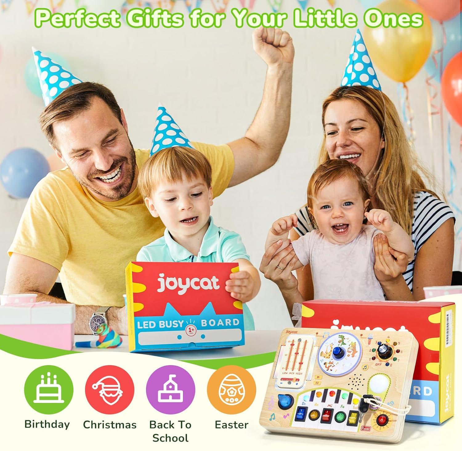 JoyCat Busy Board with Led Light, Toddler Toys for 1 2 3 4 Year Old Boys and Girls, Wooden Sensory Toys with Music, Travel Toy for Toddlers 1-3, Birthday Presents (Yellow)(Yellow)