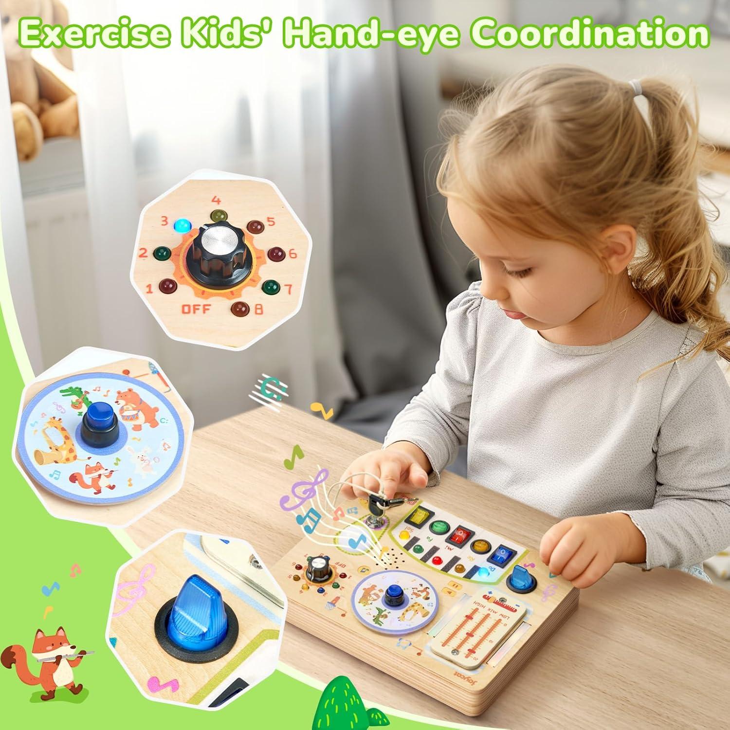 JoyCat Busy Board with Led Light, Toddler Toys for 1 2 3 4 Year Old Boys and Girls, Wooden Sensory Toys with Music, Travel Toy for Toddlers 1-3, Birthday Presents (Yellow)(Yellow)