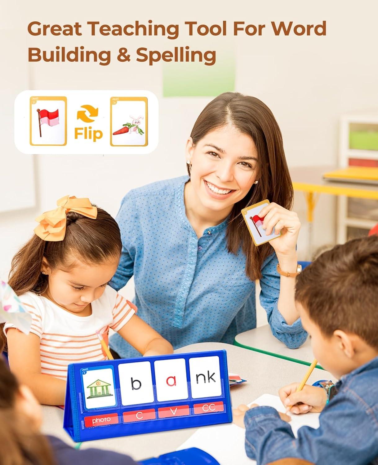 Gamenote Word Building Desktop Pocket Chart Tent Flash Cards Kit – CVC Words Phonics Games Blending Board for Kindergarten Reading and Spelling(CVCC&CCVC)