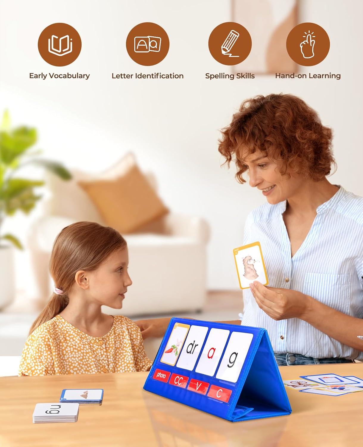 Gamenote Word Building Desktop Pocket Chart Tent Flash Cards Kit – CVC Words Phonics Games Blending Board for Kindergarten Reading and Spelling(CVCC&CCVC)
