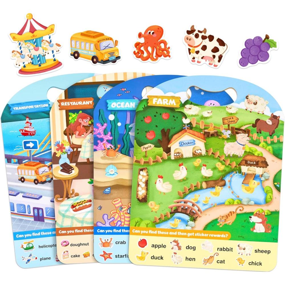 JoyCat Reusable Sticker Book Set (3-Pack): Farm, Pizza-Making, Weather – 90 Pcs Stickers for Toddlers, Kids Sticker Activity Book, Road Trip Travel Toys, Birthday Gifts for Boys and Girls(4-Pack: Mixed Themes)