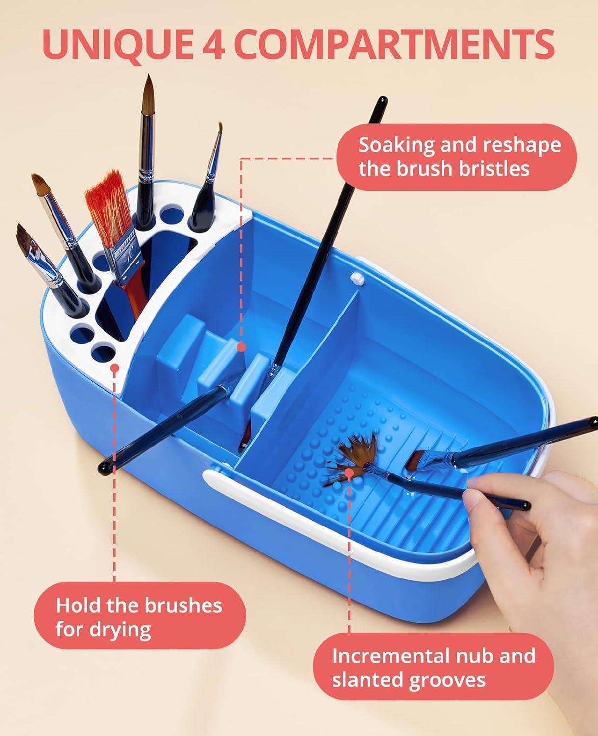 GAMENOTE Paint Brush Cleaner – Paint Brush Holder with Palette and Handle,Rinser for Acrylic, Watercolor, and Water-Based Paints, Painting Art Supply Storage Organizer (White+Grey)(Blue)