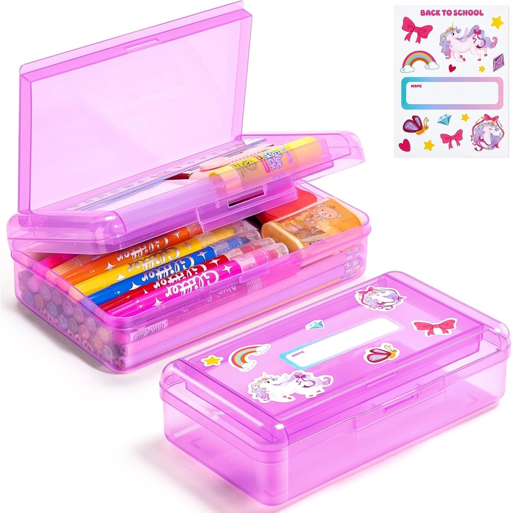 GAMENOTE Double Layer Pencil Box, Hard Plastic Case with Latch, Large Art Storage Organizer for Kids, Crayon Marker Pen Holder with Stickers (Double-Layer Blue)(Double-Layer Purple)