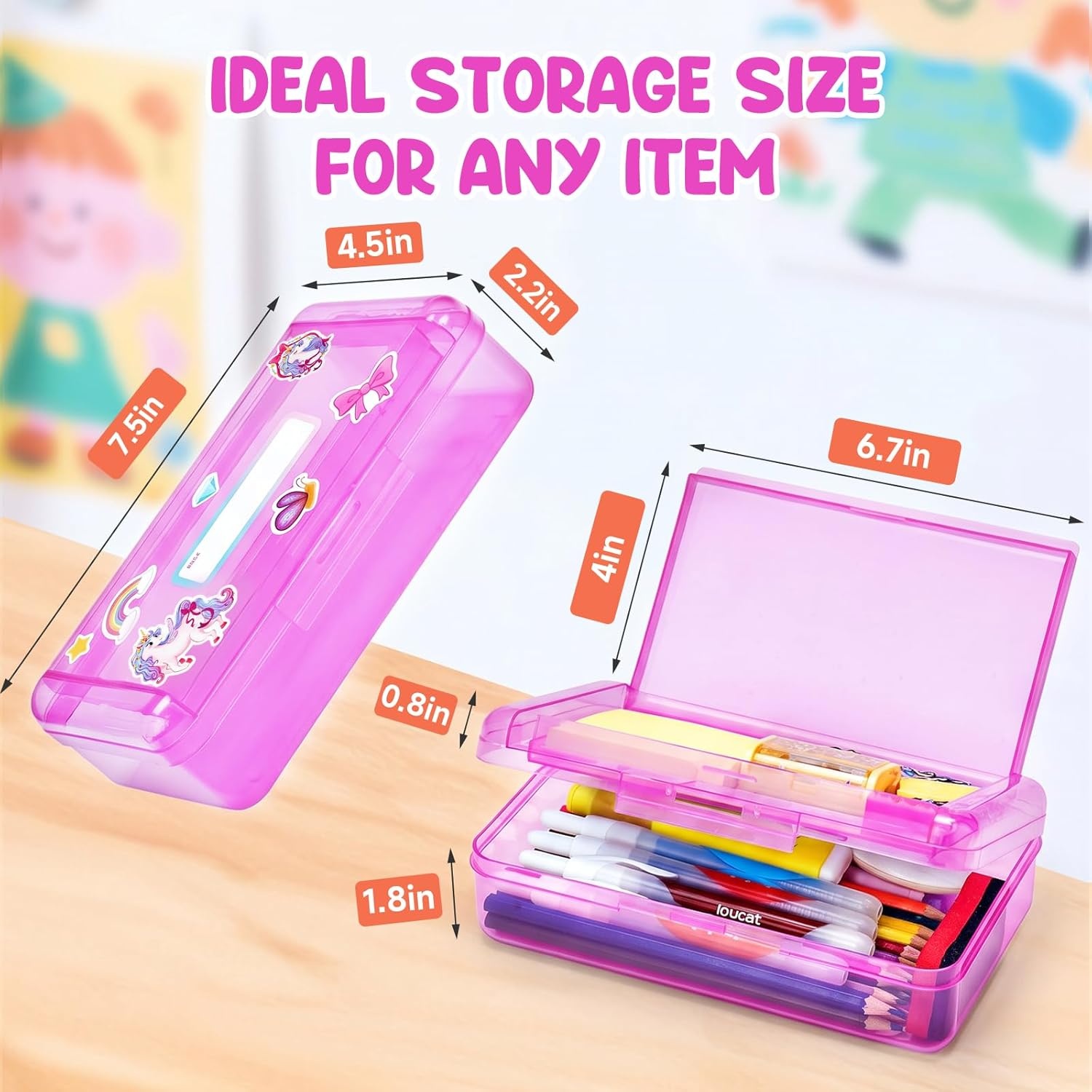 GAMENOTE Double Layer Pencil Box, Hard Plastic Case with Latch, Large Art Storage Organizer for Kids, Crayon Marker Pen Holder with Stickers (Double-Layer Blue)(Double-Layer Purple)