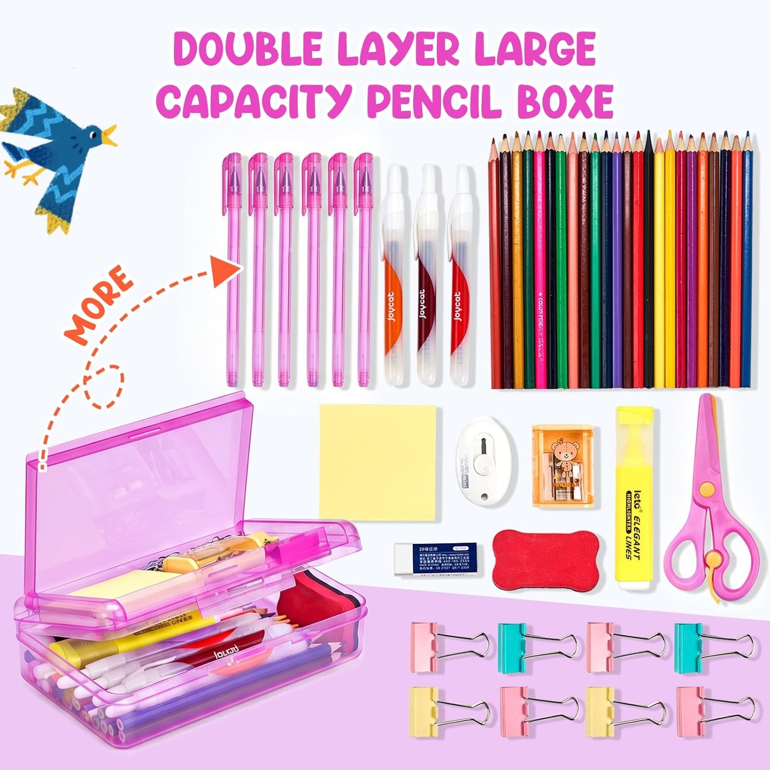 GAMENOTE Double Layer Pencil Box, Hard Plastic Case with Latch, Large Art Storage Organizer for Kids, Crayon Marker Pen Holder with Stickers (Double-Layer Blue)(Double-Layer Purple)