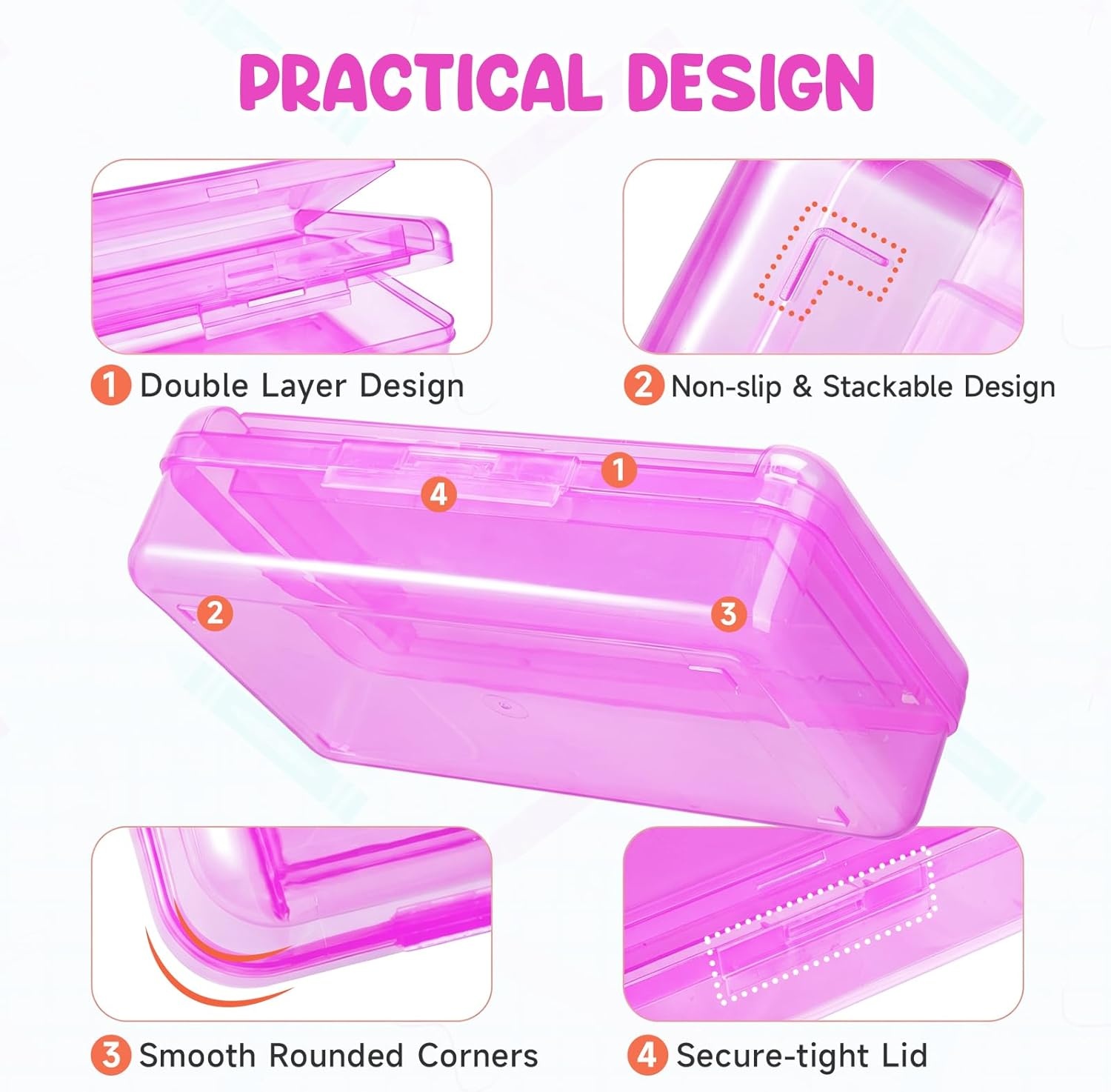 GAMENOTE Double Layer Pencil Box, Hard Plastic Case with Latch, Large Art Storage Organizer for Kids, Crayon Marker Pen Holder with Stickers (Double-Layer Blue)(Double-Layer Purple)