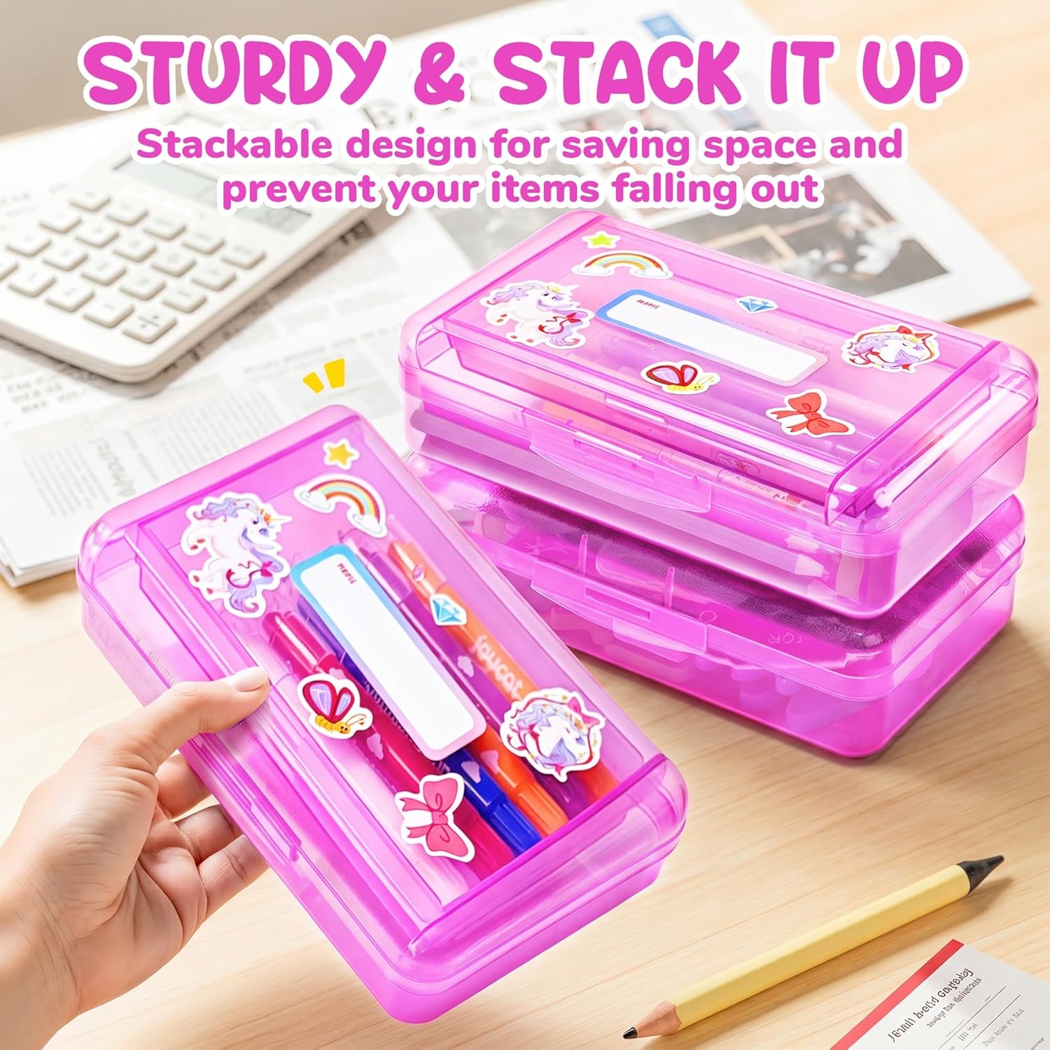 GAMENOTE Double Layer Pencil Box, Hard Plastic Case with Latch, Large Art Storage Organizer for Kids, Crayon Marker Pen Holder with Stickers (Double-Layer Blue)(Double-Layer Purple)