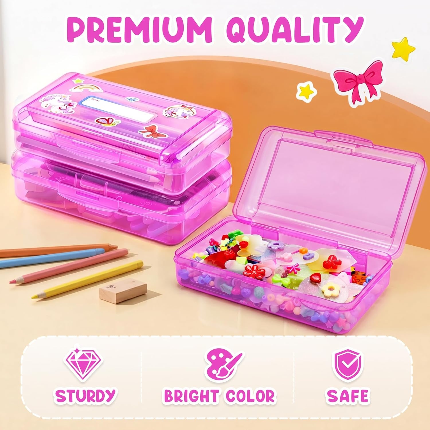 GAMENOTE Double Layer Pencil Box, Hard Plastic Case with Latch, Large Art Storage Organizer for Kids, Crayon Marker Pen Holder with Stickers (Double-Layer Blue)(Double-Layer Purple)