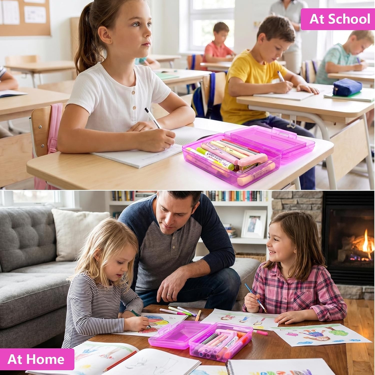 GAMENOTE Double Layer Pencil Box, Hard Plastic Case with Latch, Large Art Storage Organizer for Kids, Crayon Marker Pen Holder with Stickers (Double-Layer Blue)(Double-Layer Purple)