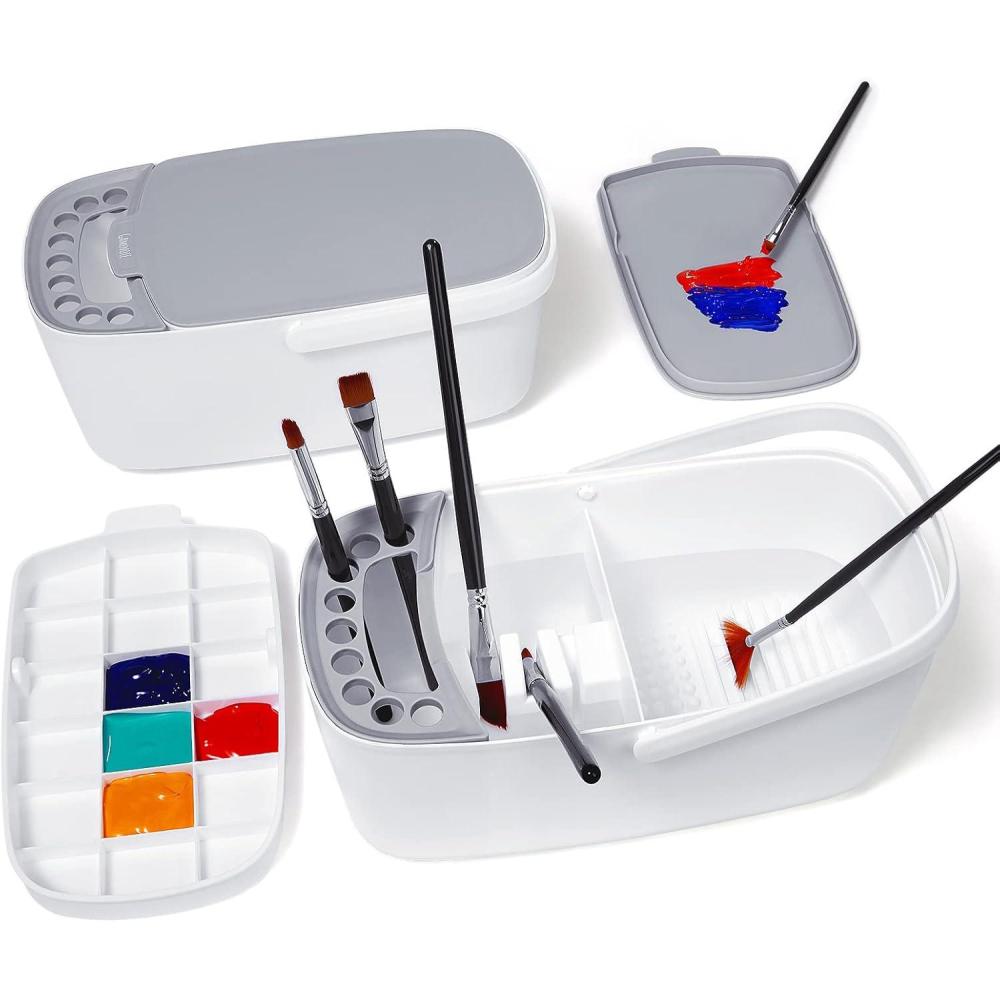 GAMENOTE Paint Brush Cleaner – Paint Brush Holder with Palette and Handle,Rinser for Acrylic, Watercolor, and Water-Based Paints, Painting Art Supply Storage Organizer (White+Grey)(White)