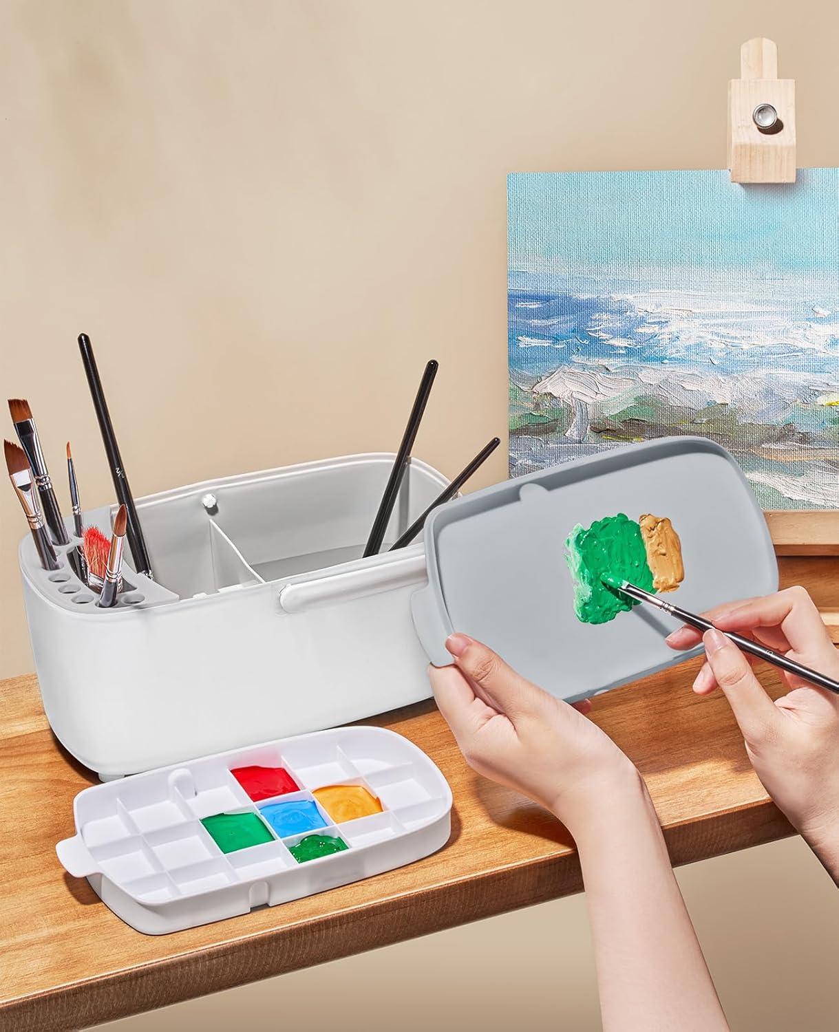 GAMENOTE Paint Brush Cleaner – Paint Brush Holder with Palette and Handle,Rinser for Acrylic, Watercolor, and Water-Based Paints, Painting Art Supply Storage Organizer (White+Grey)(White)