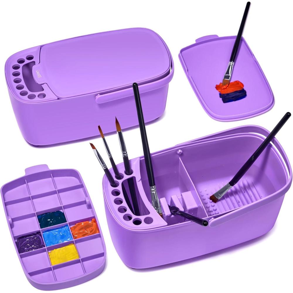 GAMENOTE Paint Brush Cleaner – Paint Brush Holder with Palette and Handle,Rinser for Acrylic, Watercolor, and Water-Based Paints, Painting Art Supply Storage Organizer (White+Grey)(Purple)