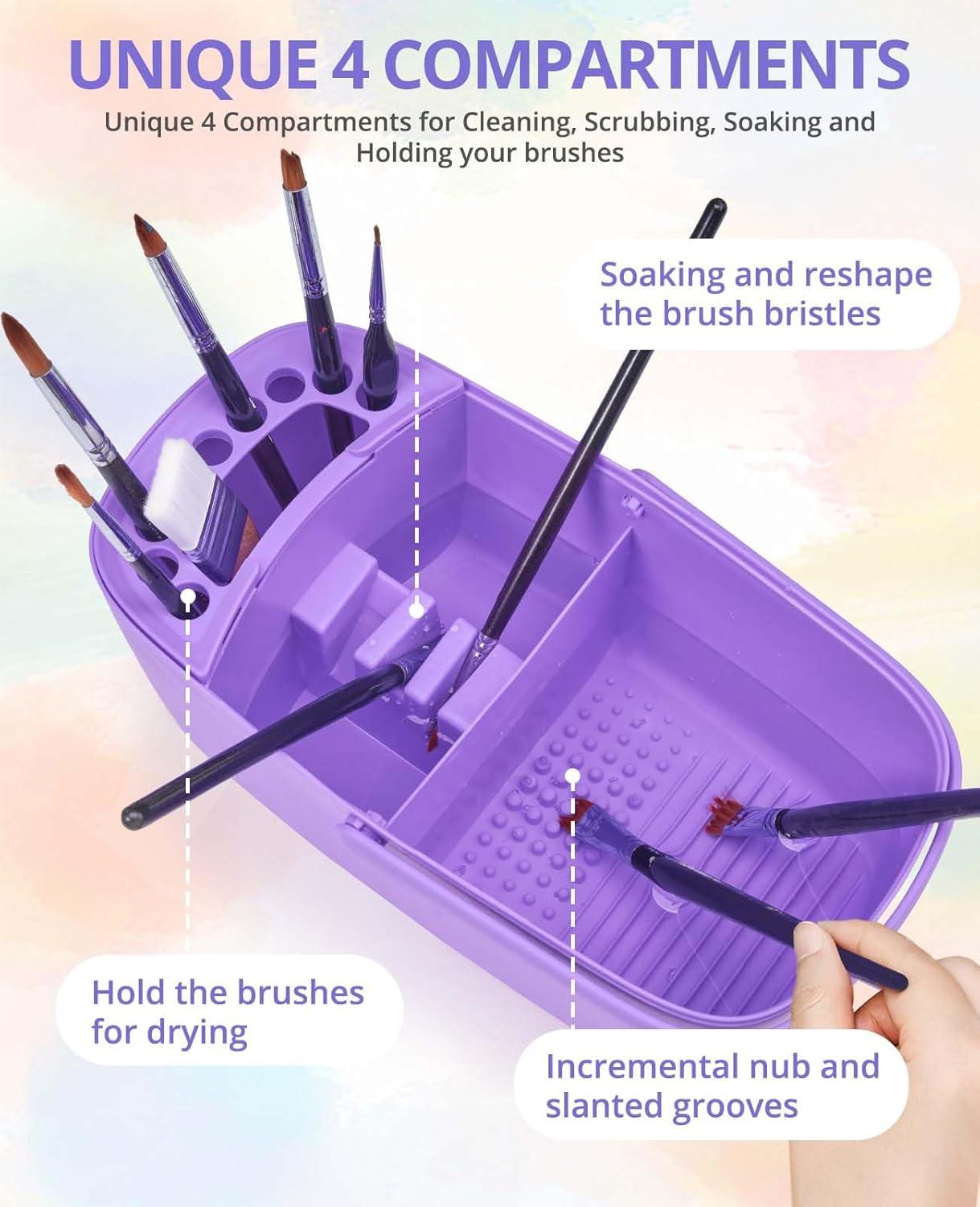 GAMENOTE Paint Brush Cleaner – Paint Brush Holder with Palette and Handle,Rinser for Acrylic, Watercolor, and Water-Based Paints, Painting Art Supply Storage Organizer (White+Grey)(Purple)