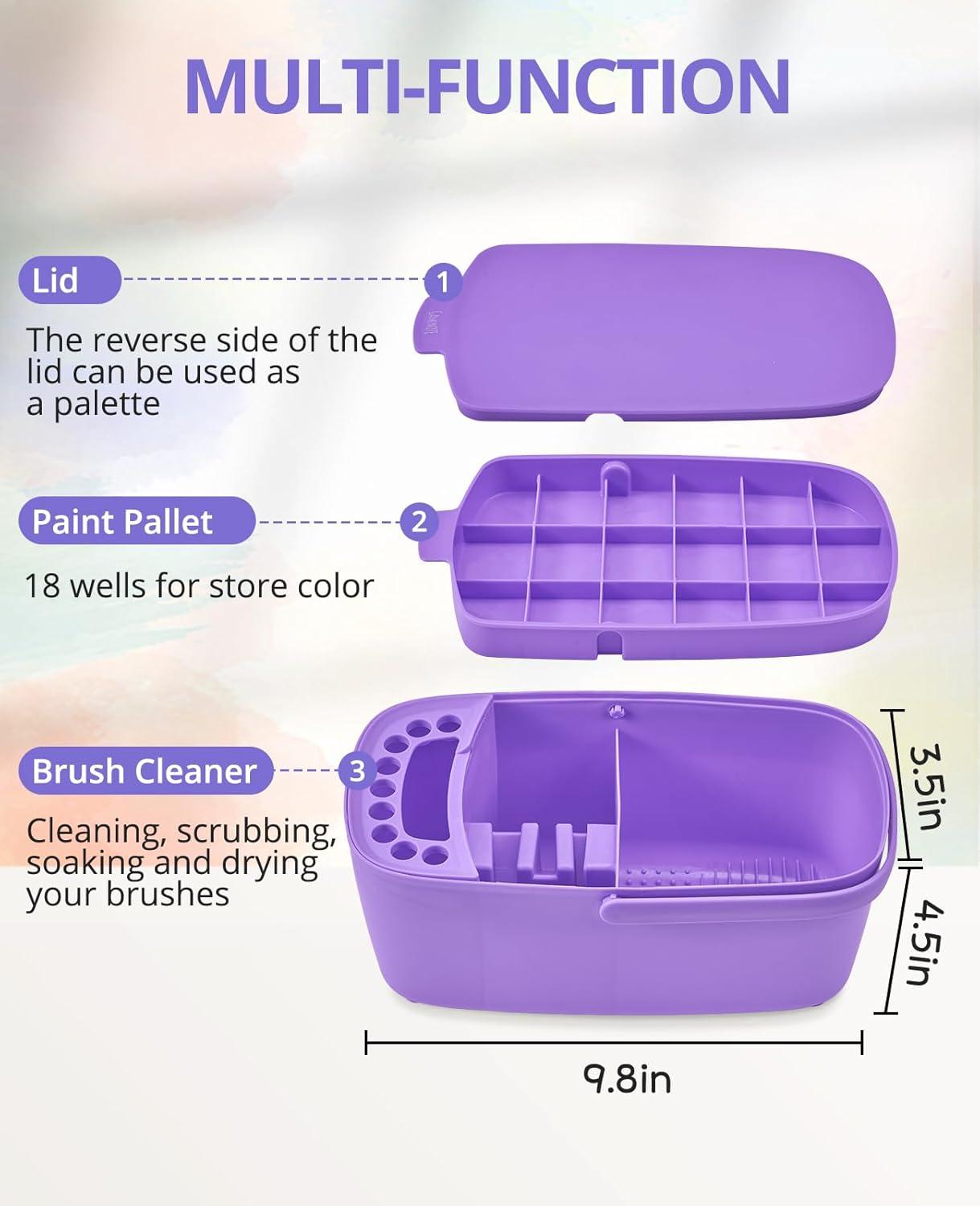 GAMENOTE Paint Brush Cleaner – Paint Brush Holder with Palette and Handle,Rinser for Acrylic, Watercolor, and Water-Based Paints, Painting Art Supply Storage Organizer (White+Grey)(Purple)