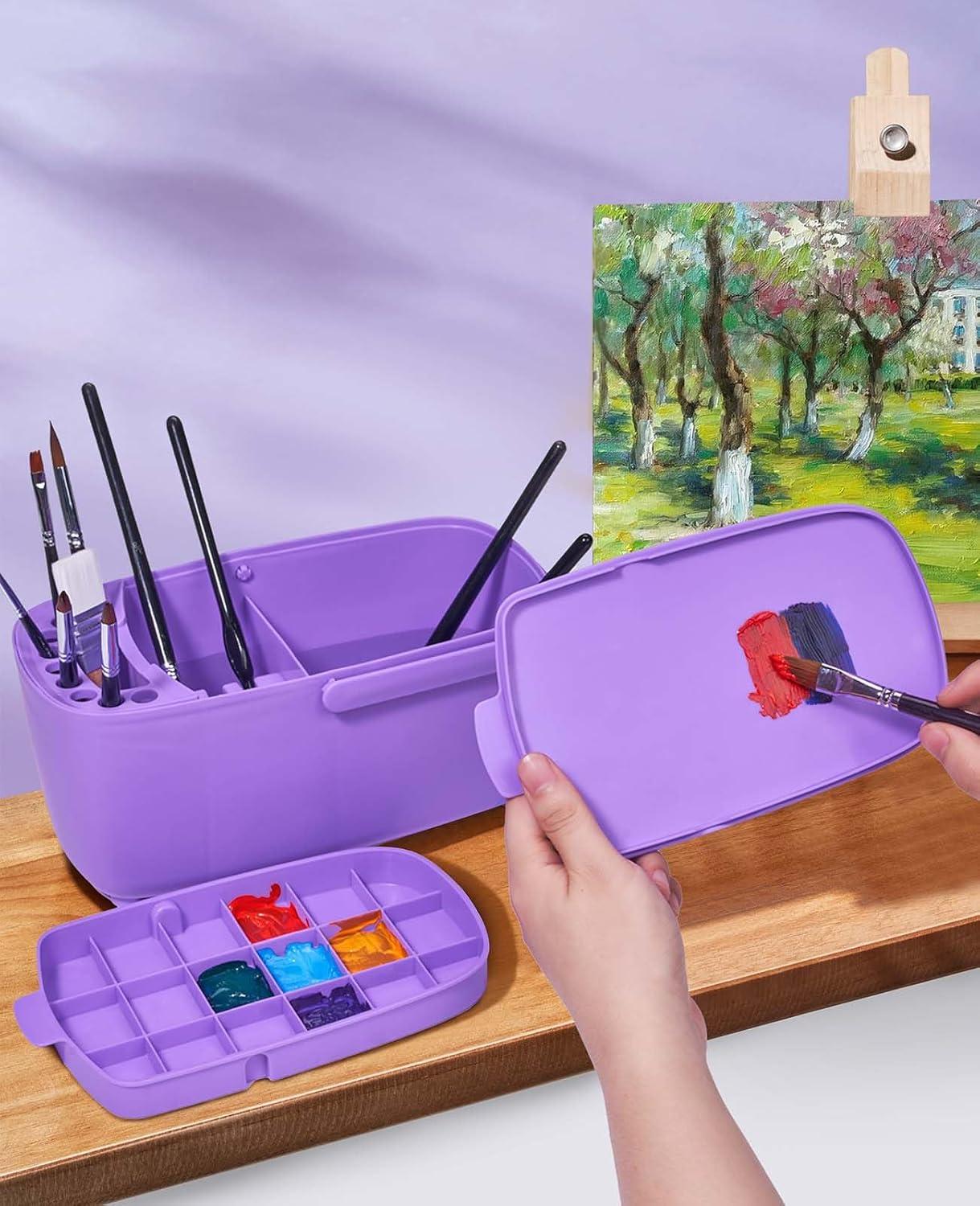 GAMENOTE Paint Brush Cleaner – Paint Brush Holder with Palette and Handle,Rinser for Acrylic, Watercolor, and Water-Based Paints, Painting Art Supply Storage Organizer (White+Grey)(Purple)