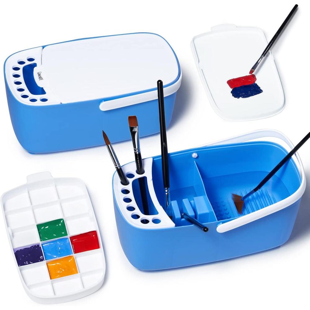 GAMENOTE Paint Brush Cleaner – Paint Brush Holder with Palette and Handle,Rinser for Acrylic, Watercolor, and Water-Based Paints, Painting Art Supply Storage Organizer (Blue+White)(Blue)