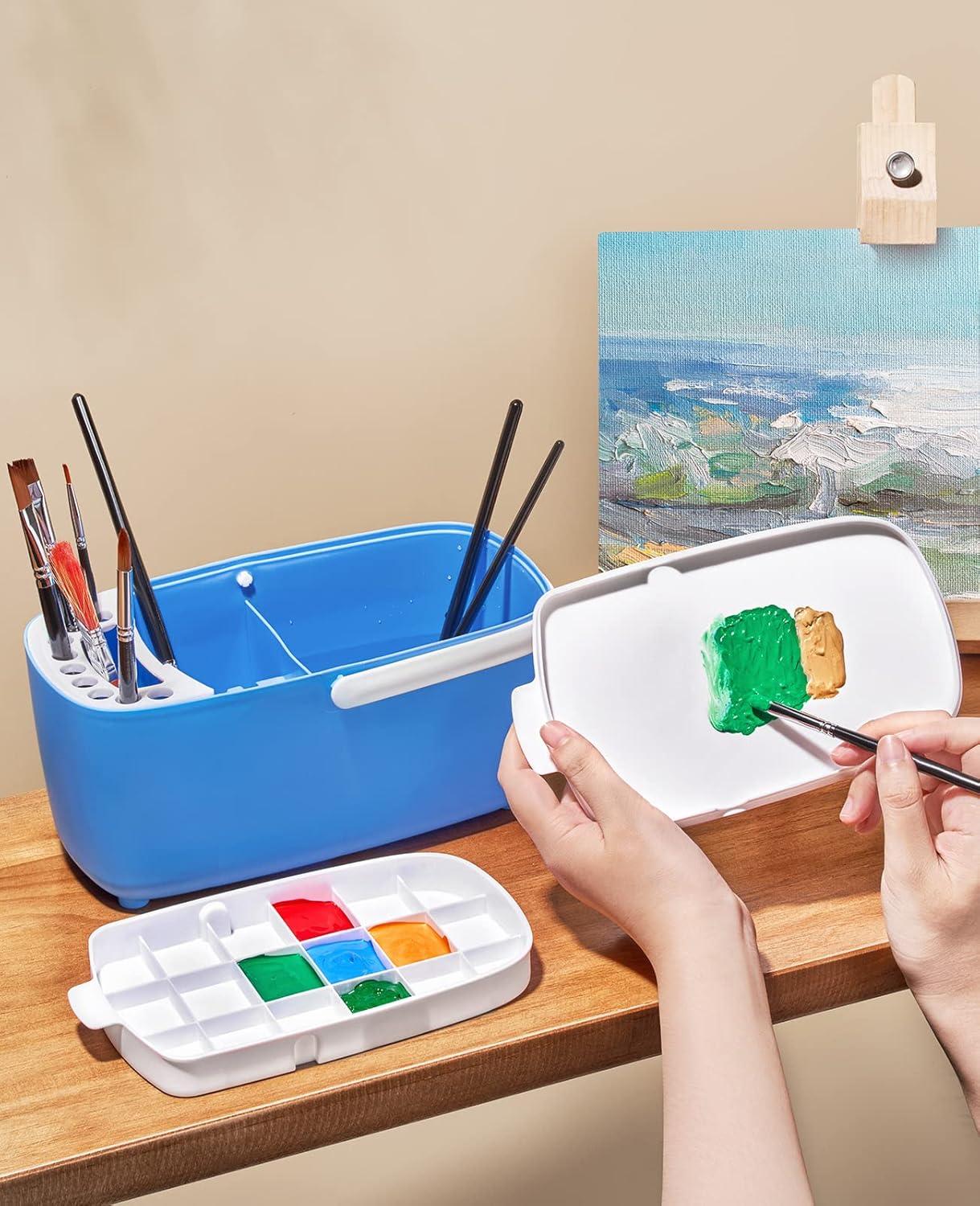GAMENOTE Paint Brush Cleaner – Paint Brush Holder with Palette and Handle,Rinser for Acrylic, Watercolor, and Water-Based Paints, Painting Art Supply Storage Organizer (Blue+White)(Blue)