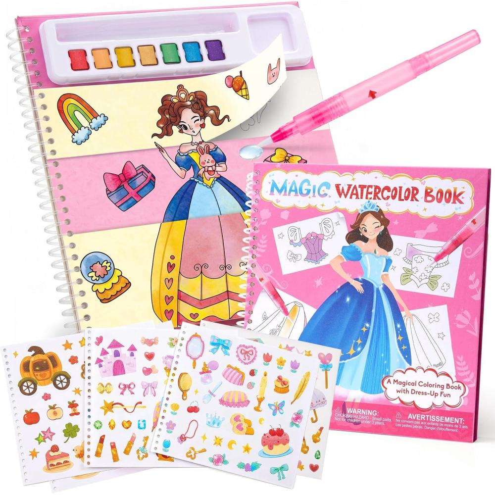 JoyCat Mix & Match Paint with Water Coloring Books, Watercolor & Sticker Activities – 150 Pcs Stickers for Kids Ages 3-8, Toddler Painting Sets Art & Craft Drawing Toy Gifts for Boys Girls (Princess)(Princess)