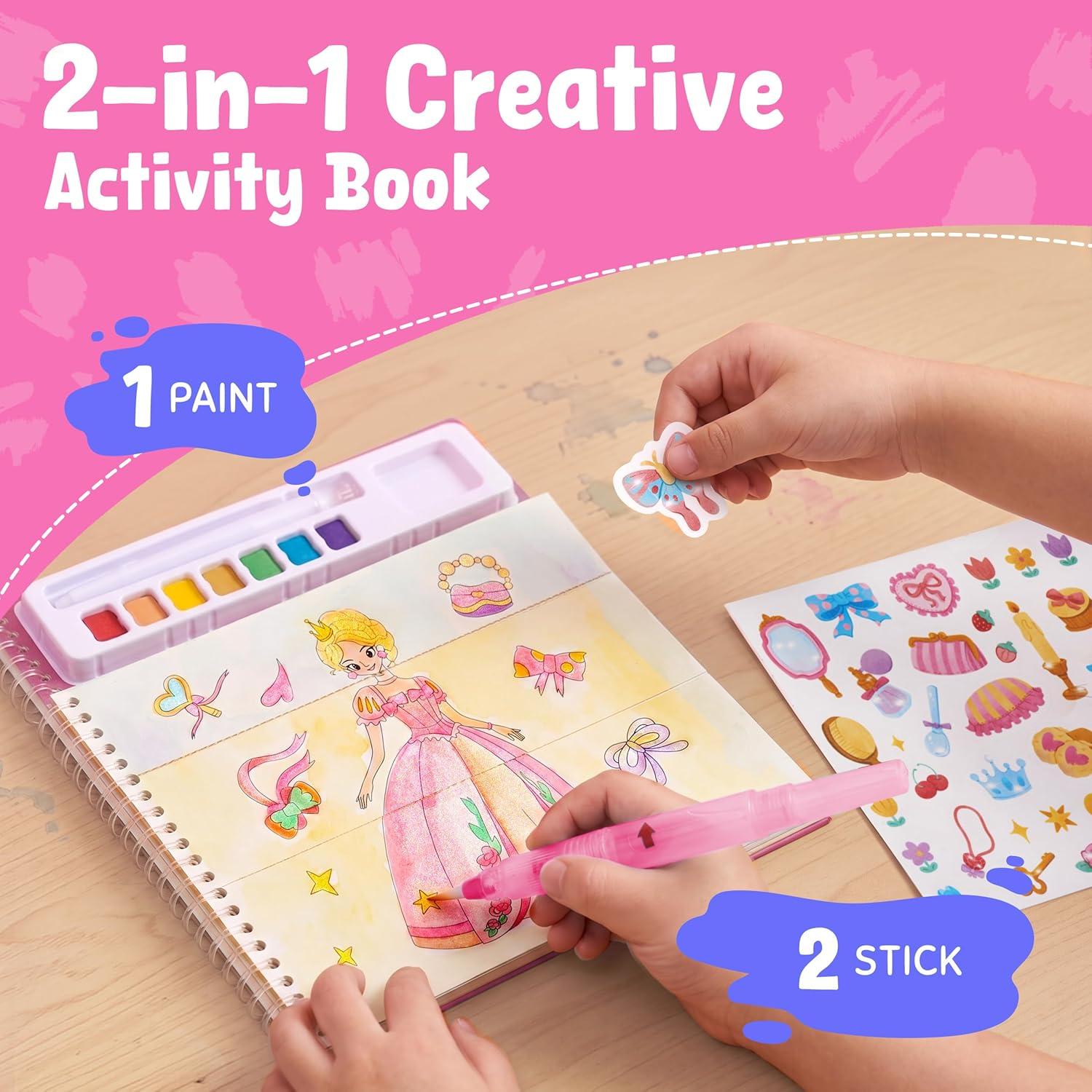 JoyCat Mix & Match Paint with Water Coloring Books, Watercolor & Sticker Activities – 150 Pcs Stickers for Kids Ages 3-8, Toddler Painting Sets Art & Craft Drawing Toy Gifts for Boys Girls (Princess)(Princess)