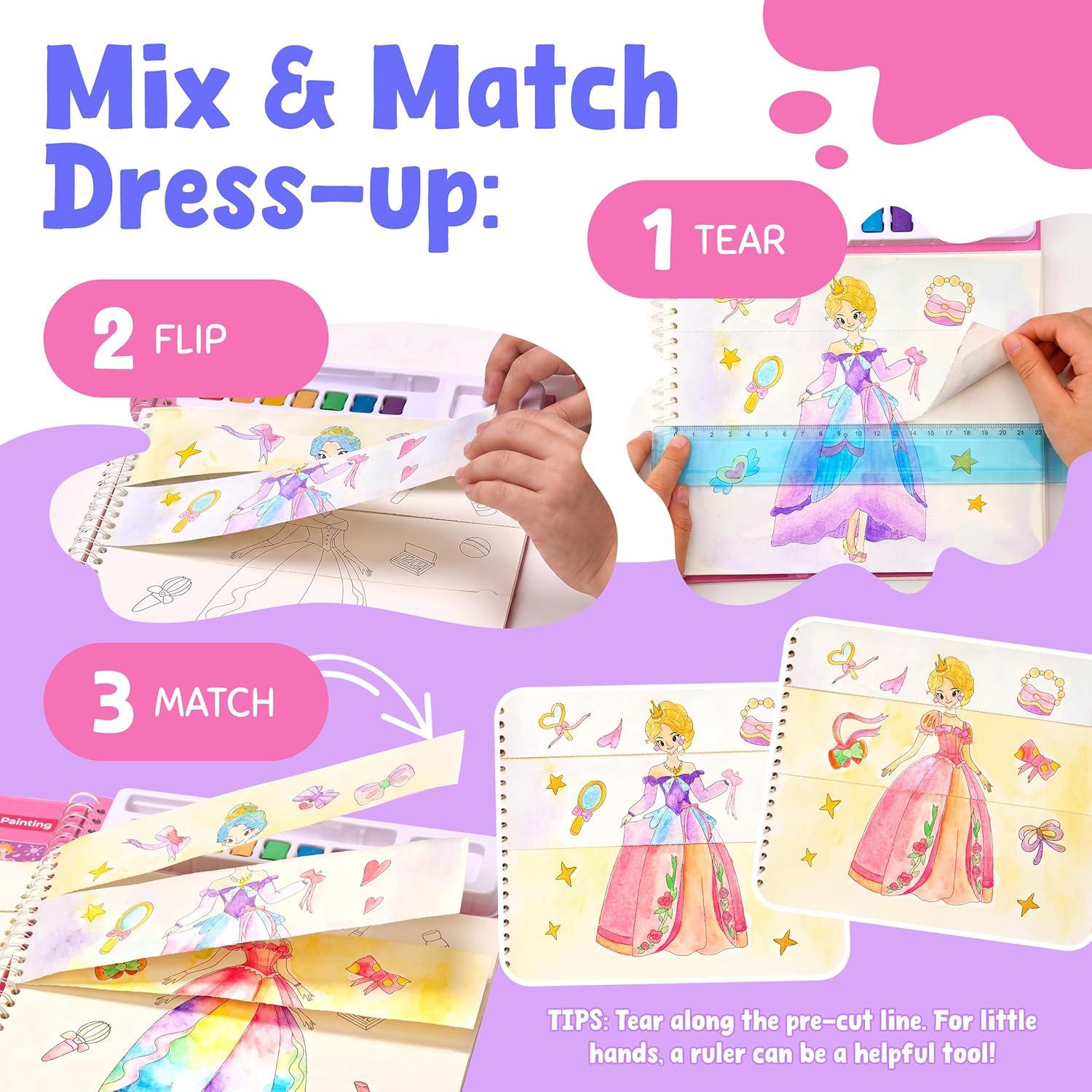 JoyCat Mix & Match Paint with Water Coloring Books, Watercolor & Sticker Activities – 150 Pcs Stickers for Kids Ages 3-8, Toddler Painting Sets Art & Craft Drawing Toy Gifts for Boys Girls (Princess)(Princess)