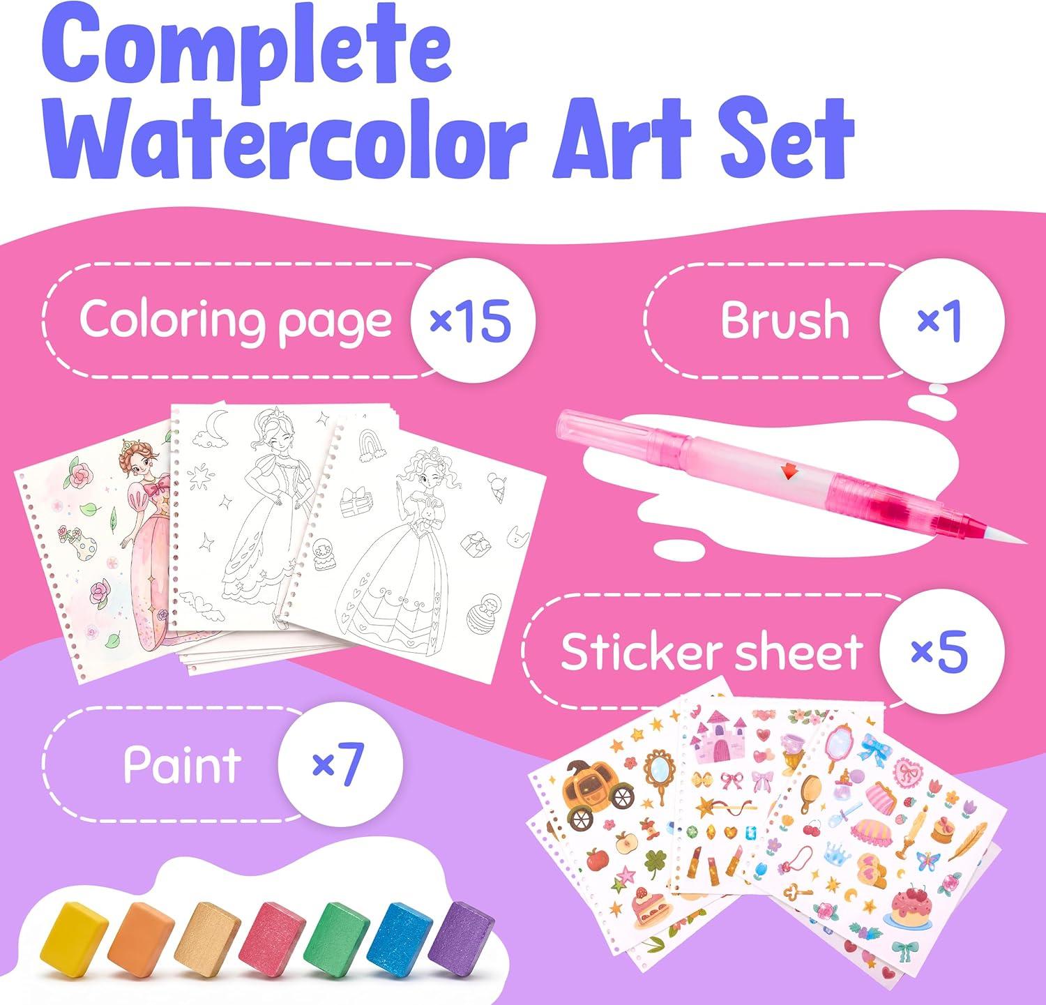 JoyCat Mix & Match Paint with Water Coloring Books, Watercolor & Sticker Activities – 150 Pcs Stickers for Kids Ages 3-8, Toddler Painting Sets Art & Craft Drawing Toy Gifts for Boys Girls (Princess)(Princess)