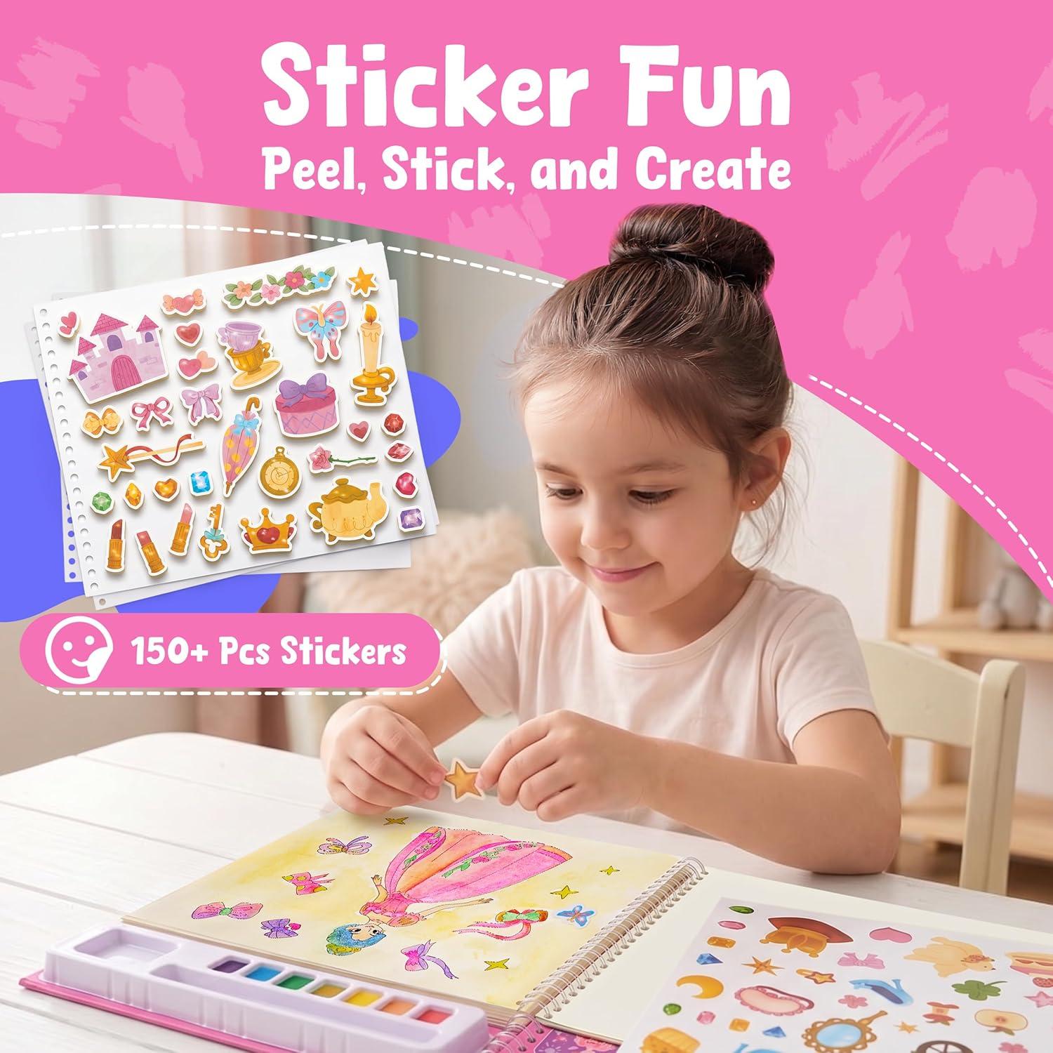 JoyCat Mix & Match Paint with Water Coloring Books, Watercolor & Sticker Activities – 150 Pcs Stickers for Kids Ages 3-8, Toddler Painting Sets Art & Craft Drawing Toy Gifts for Boys Girls (Princess)(Princess)