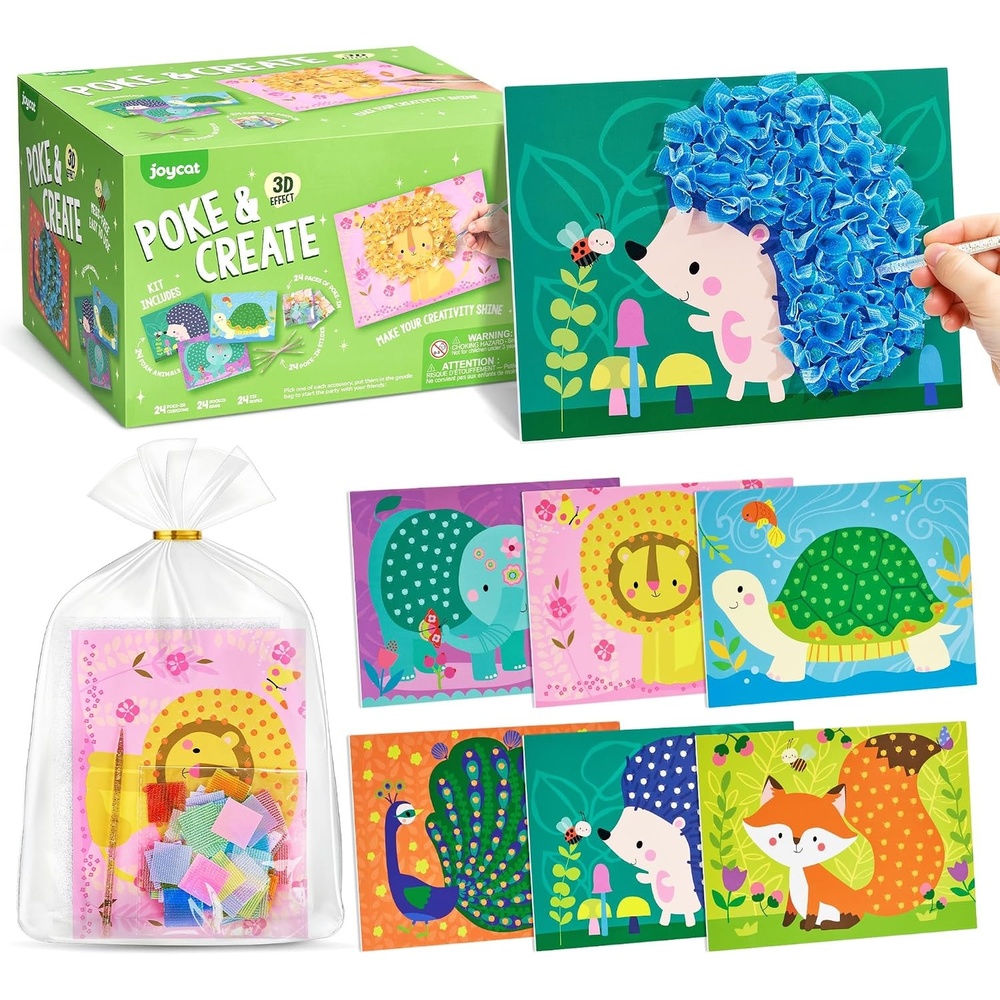 JoyCat 24 Pack DIY Poke Art Animal Party Favors for Kids – Crafts for Kids Ages 4‑8, Mess‑Free Arts & Crafts Kit, Activity Set for Birthday Goodie Bags & Classroom Prizes(Animal)