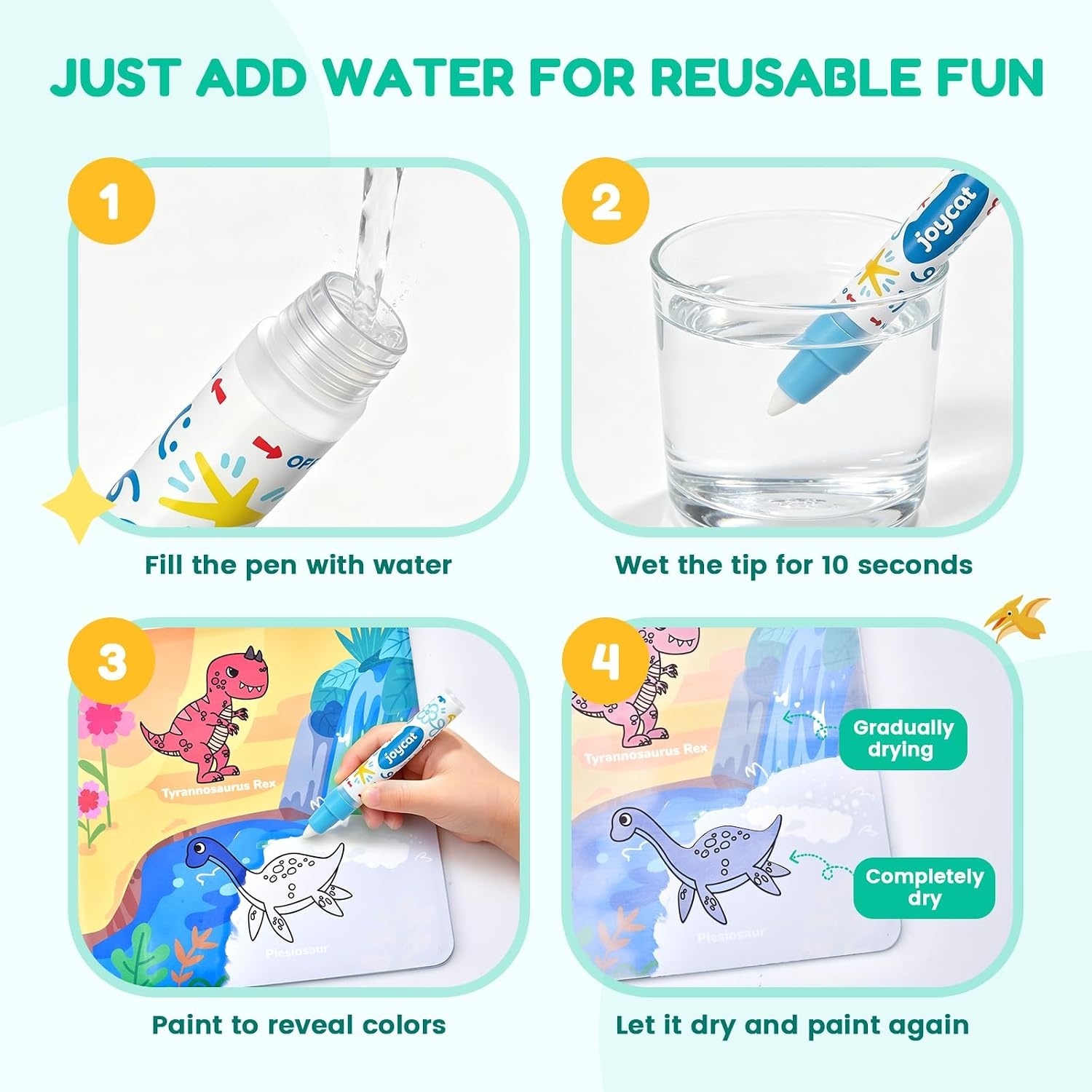 JoyCat Ocean Water Coloring Book for Toddlers with Water Pen(Dinosaur)