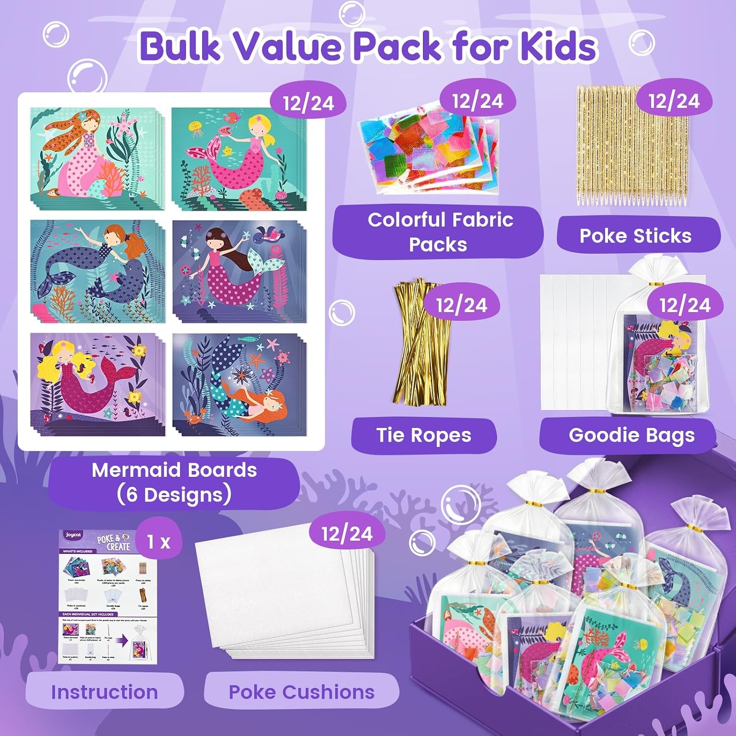 JoyCat 24 Pack DIY Poke Art Animal Party Favors for Kids – Crafts for Kids Ages 4‑8, Mess‑Free Arts & Crafts Kit, Activity Set for Birthday Goodie Bags & Classroom Prizes(Mermaid)