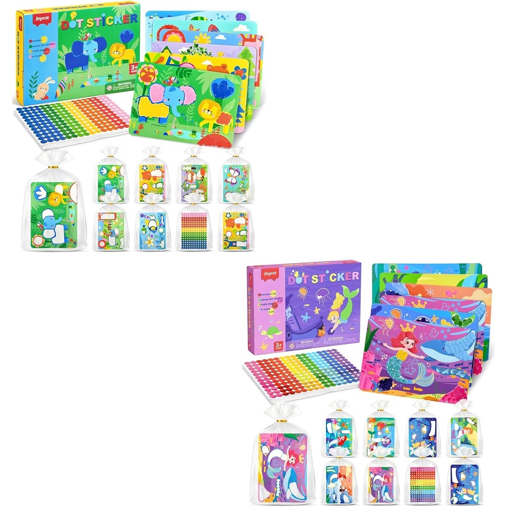JoyCat 24 Pack Animal+ Mermaid Dot Art Craft Kits for Kids Party Favors, Mess-Free Dot Sticker Activity Set with 4800+ Stickers & Goodie Bags, Classroom Prizes, Goodie Bag Stuffers Ages 3-8