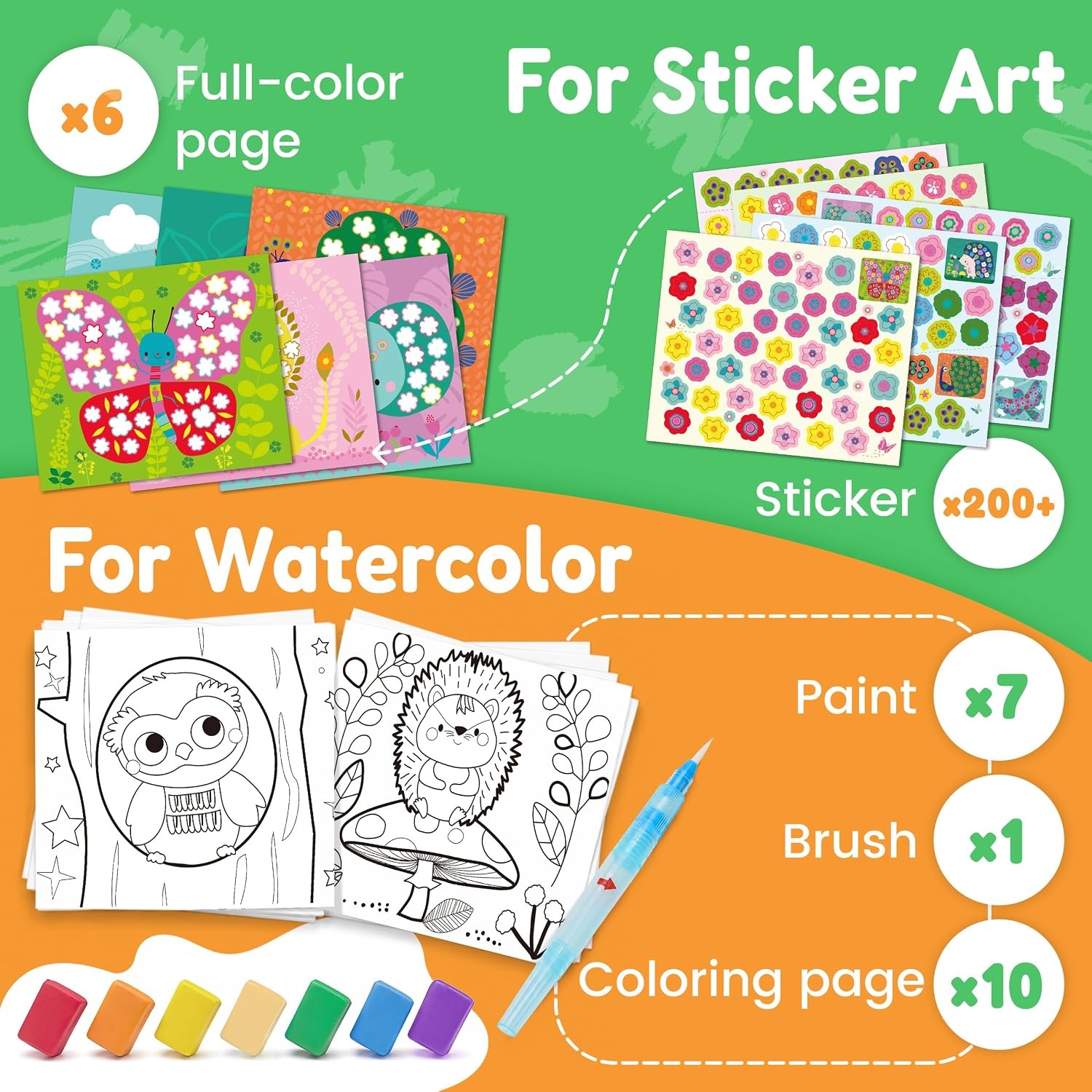JoyCat Paint with Water Coloring Books & Creative Sticker (Animals) | Watercolor & Sticker Activity – 200 Pcs Stickers for Kids, Toddler Painting Set, Art & Craft Travel Toy Gifts for Boys Girls(Animals)