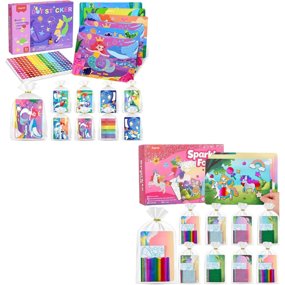 JoyCat 24 Pack Mermaid Dot Art +Unicorn Foil Art Party Favors, Mess-Free Dot Sticker Activity Set with 4800+ Stickers & Goodie Bags, Classroom Prizes, Goodie Bag Stuffers, Mermaid Toys for Ages 3-8