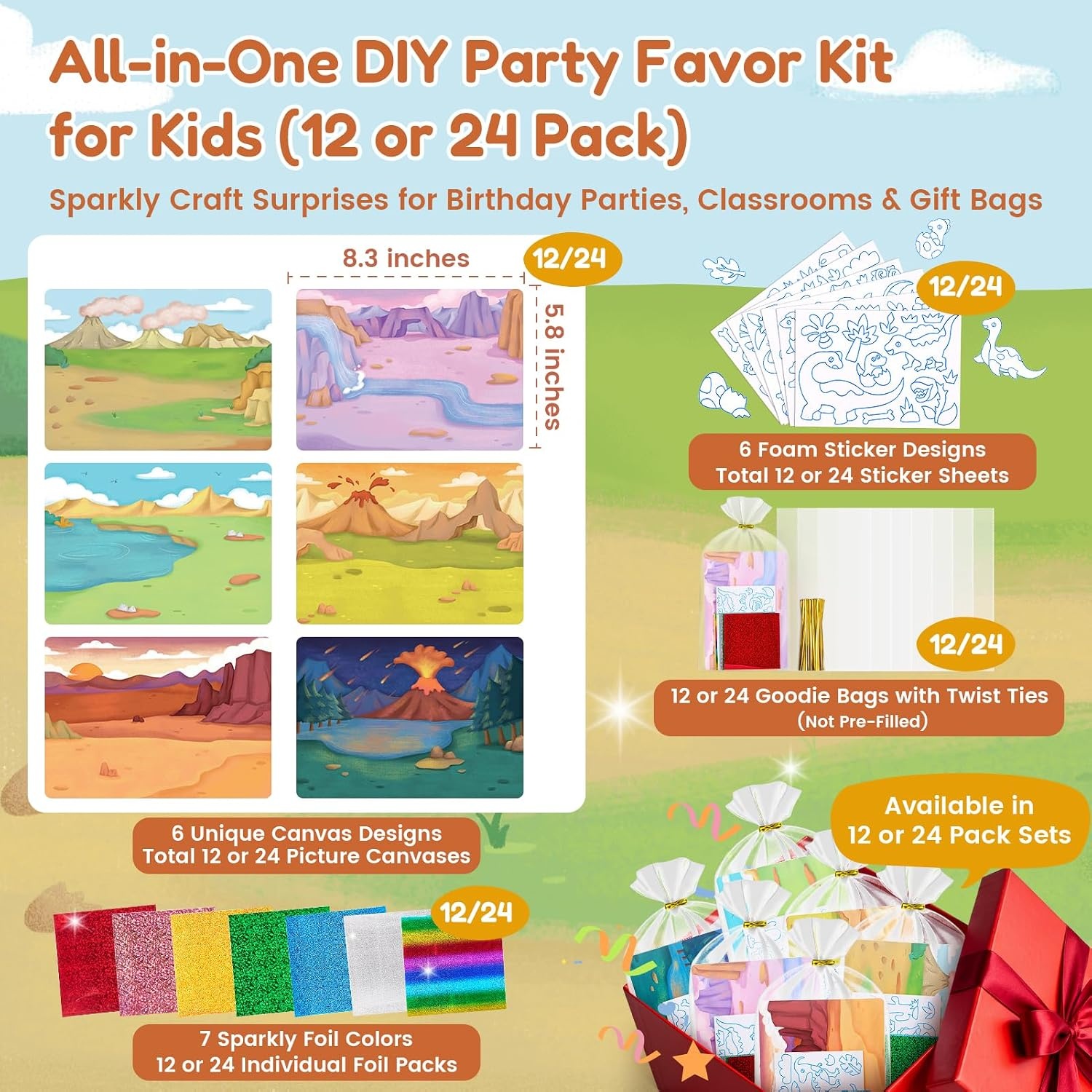 JoyCat 24 Pack Dinosaur Foil Art Party Favors, Craft Kits for Kids Ages 4-9(Dinosaur)