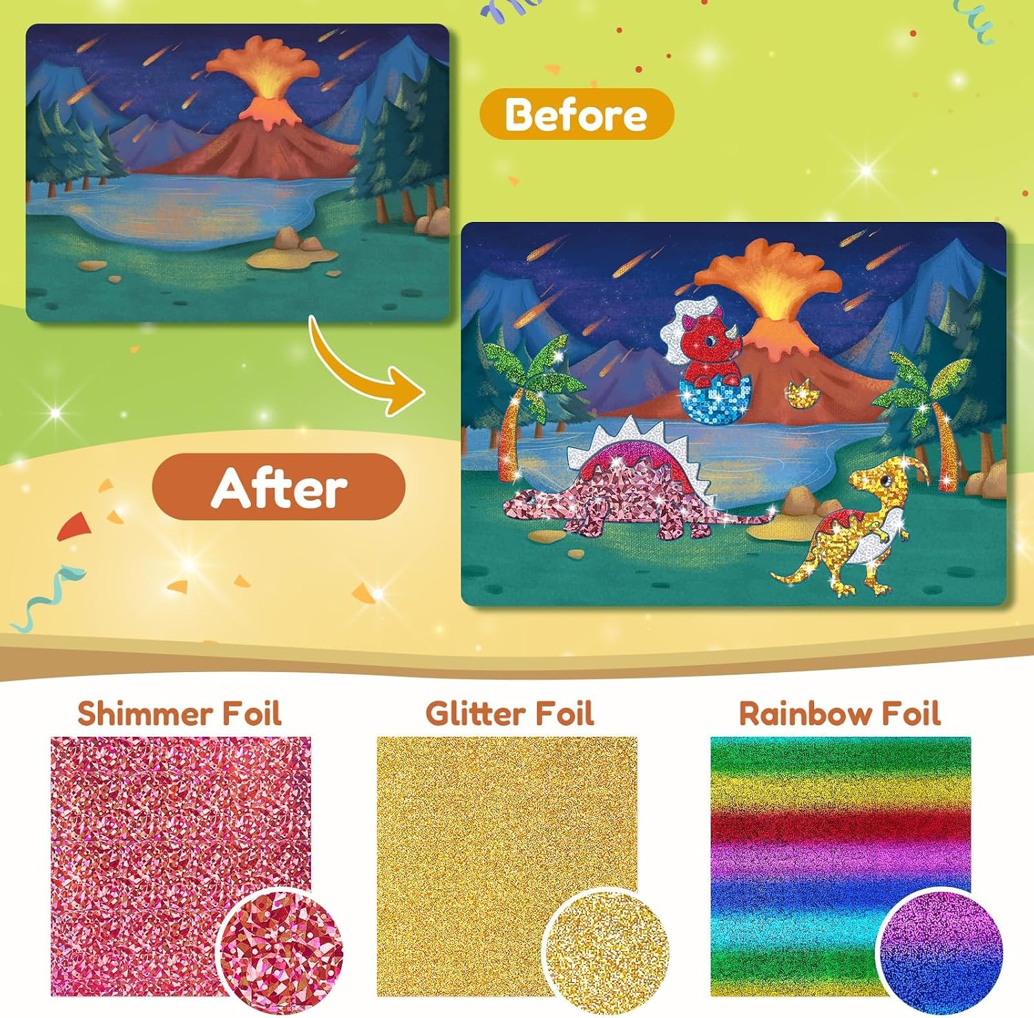 JoyCat 24 Pack Dinosaur Foil Art Party Favors, Craft Kits for Kids Ages 4-9(Dinosaur)