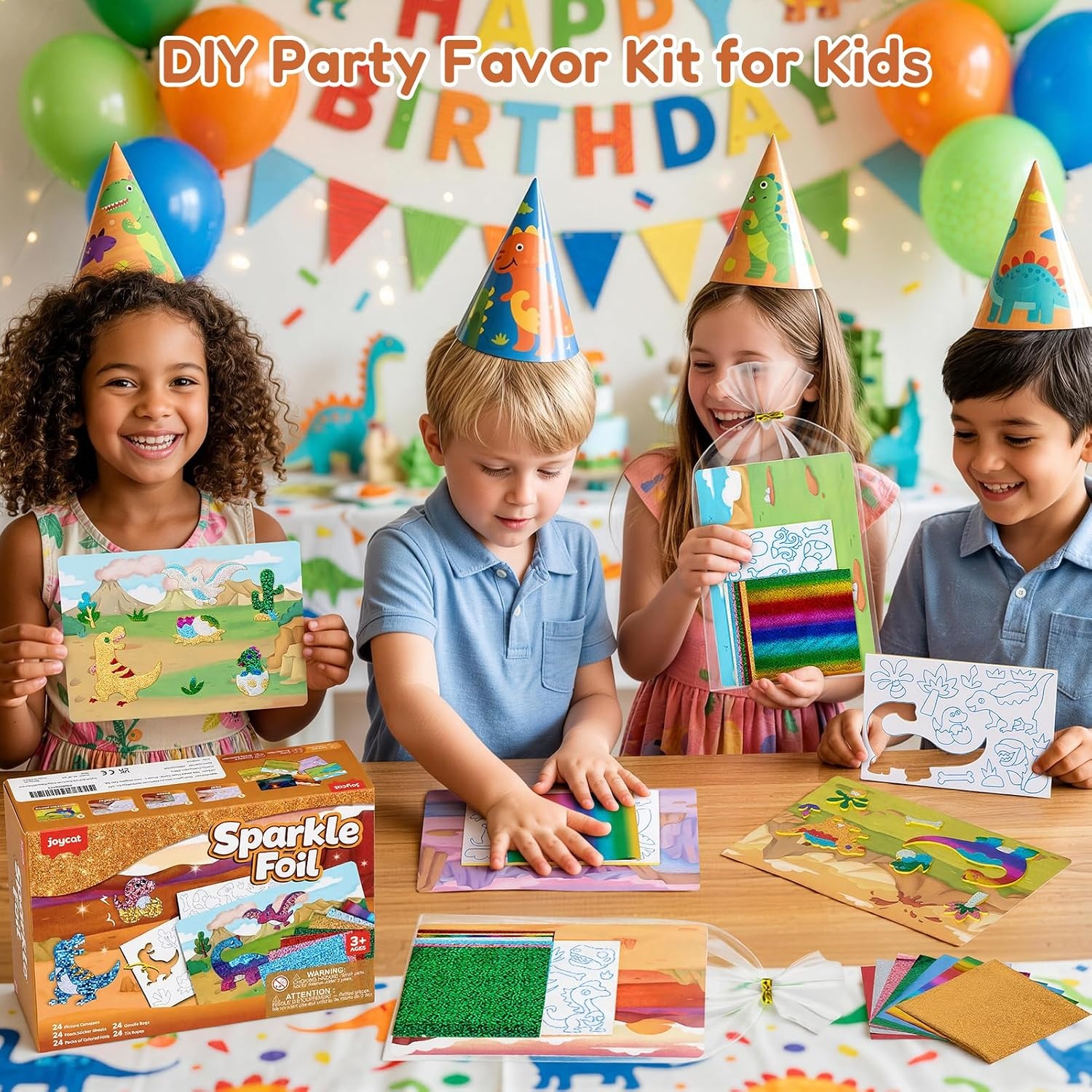 JoyCat 24 Pack Dinosaur Foil Art Party Favors, Craft Kits for Kids Ages 4-9(Dinosaur)
