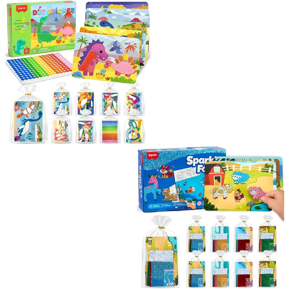 JoyCat 24 Pack Dinosaur Dot Art + Animal Foil Art Party Favors, Mess-Free Dot Sticker Activity Set with 4800+ Stickers & Goodie Bags, Classroom Prizes, Goodie Bag Stuffers, Toys for Ages 3-8