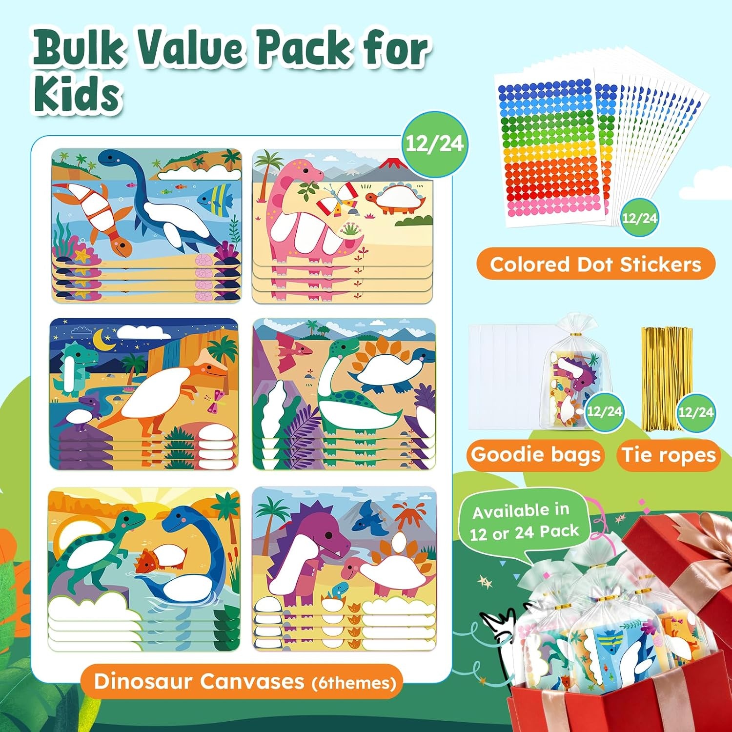 JoyCat 24 Pack Dinosaur Dot Art + Animal Foil Art Party Favors, Mess-Free Dot Sticker Activity Set with 4800+ Stickers & Goodie Bags, Classroom Prizes, Goodie Bag Stuffers, Toys for Ages 3-8