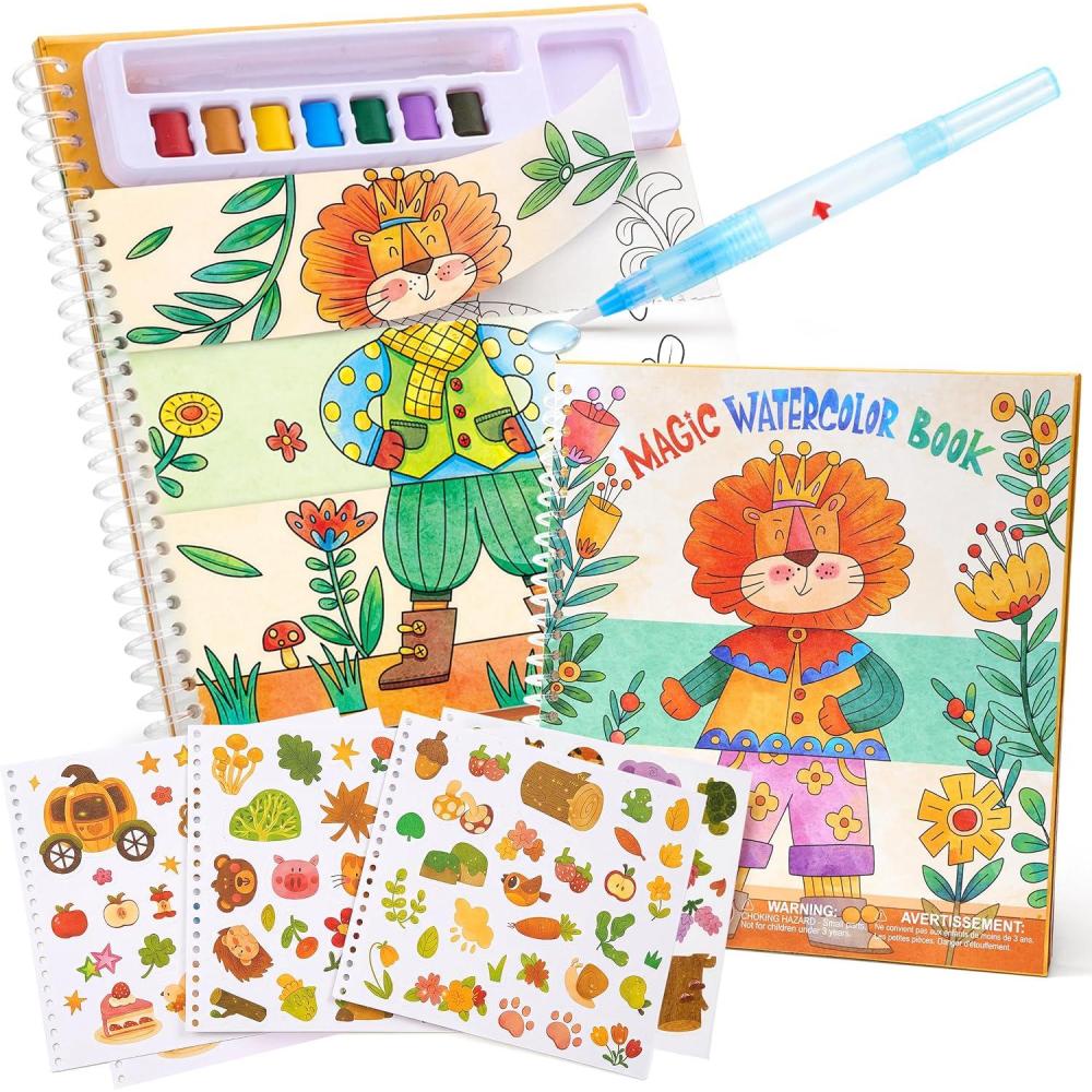 JoyCat Mix & Match Paint with Water Coloring Books, Watercolor & Sticker Activities – 150 Pcs Stickers for Kids Ages 3-8, Toddler Painting Sets Art & Craft Drawing Toy Gifts for Boys Girls (Princess)(Animals)
