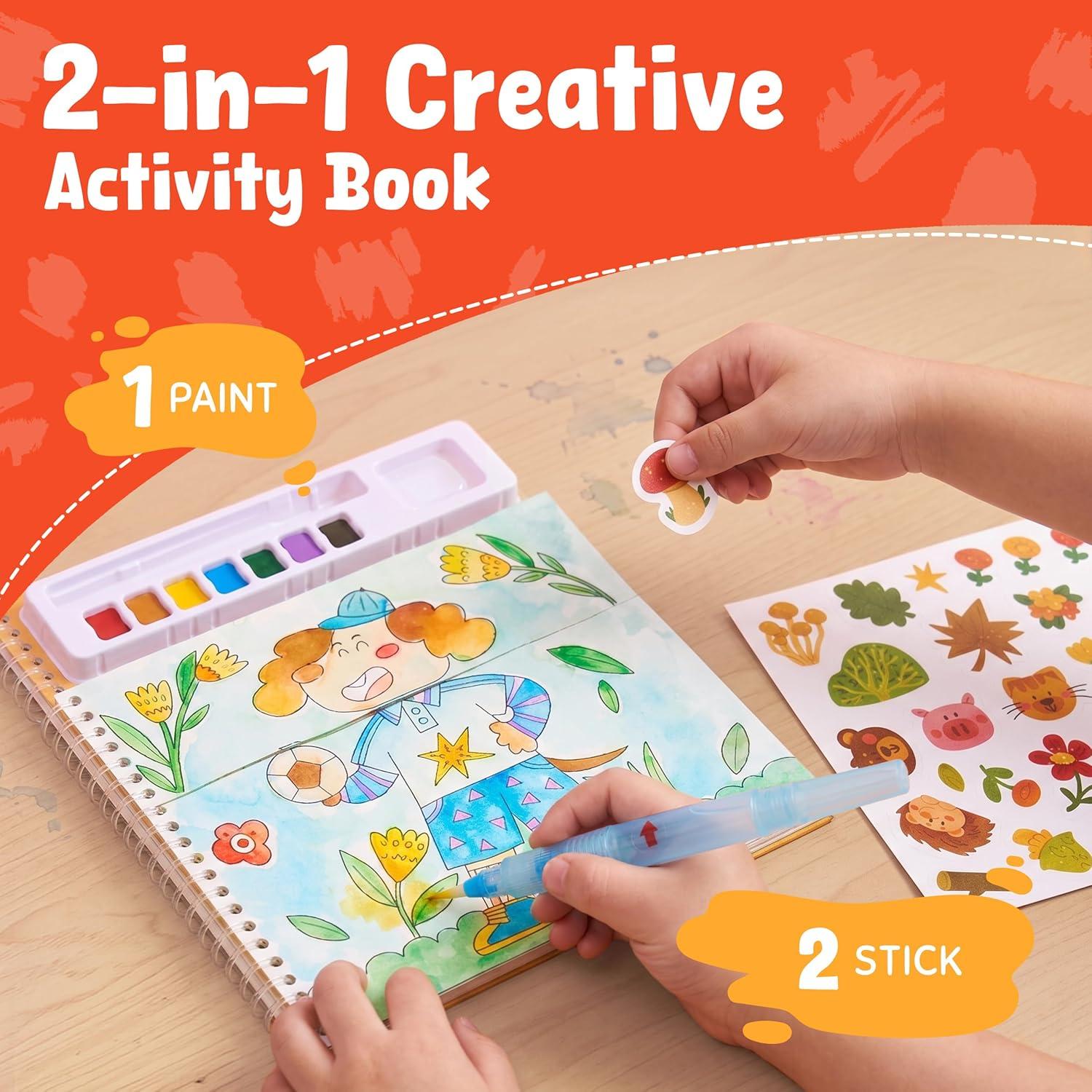 JoyCat Mix & Match Paint with Water Coloring Books, Watercolor & Sticker Activities – 150 Pcs Stickers for Kids Ages 3-8, Toddler Painting Sets Art & Craft Drawing Toy Gifts for Boys Girls (Princess)(Animals)