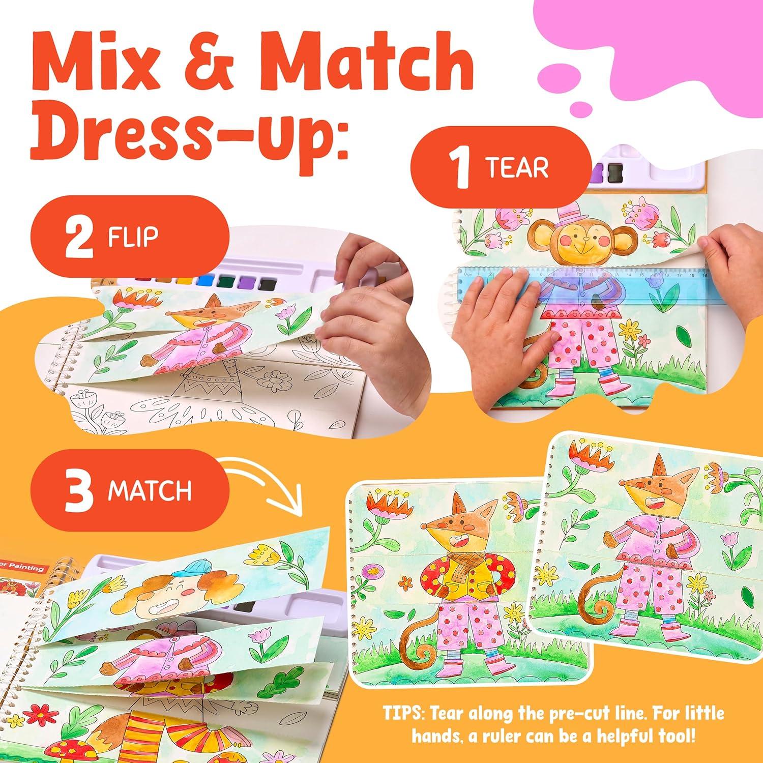 JoyCat Mix & Match Paint with Water Coloring Books, Watercolor & Sticker Activities – 150 Pcs Stickers for Kids Ages 3-8, Toddler Painting Sets Art & Craft Drawing Toy Gifts for Boys Girls (Princess)(Animals)