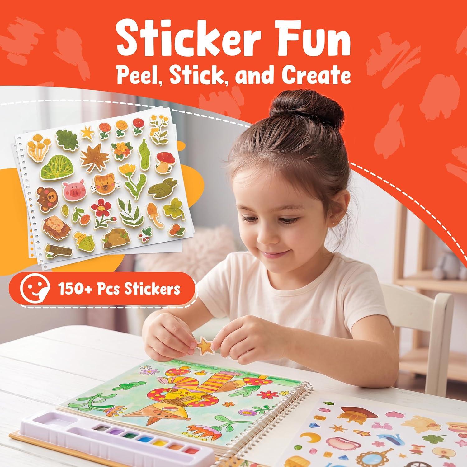 JoyCat Mix & Match Paint with Water Coloring Books, Watercolor & Sticker Activities – 150 Pcs Stickers for Kids Ages 3-8, Toddler Painting Sets Art & Craft Drawing Toy Gifts for Boys Girls (Princess)(Animals)