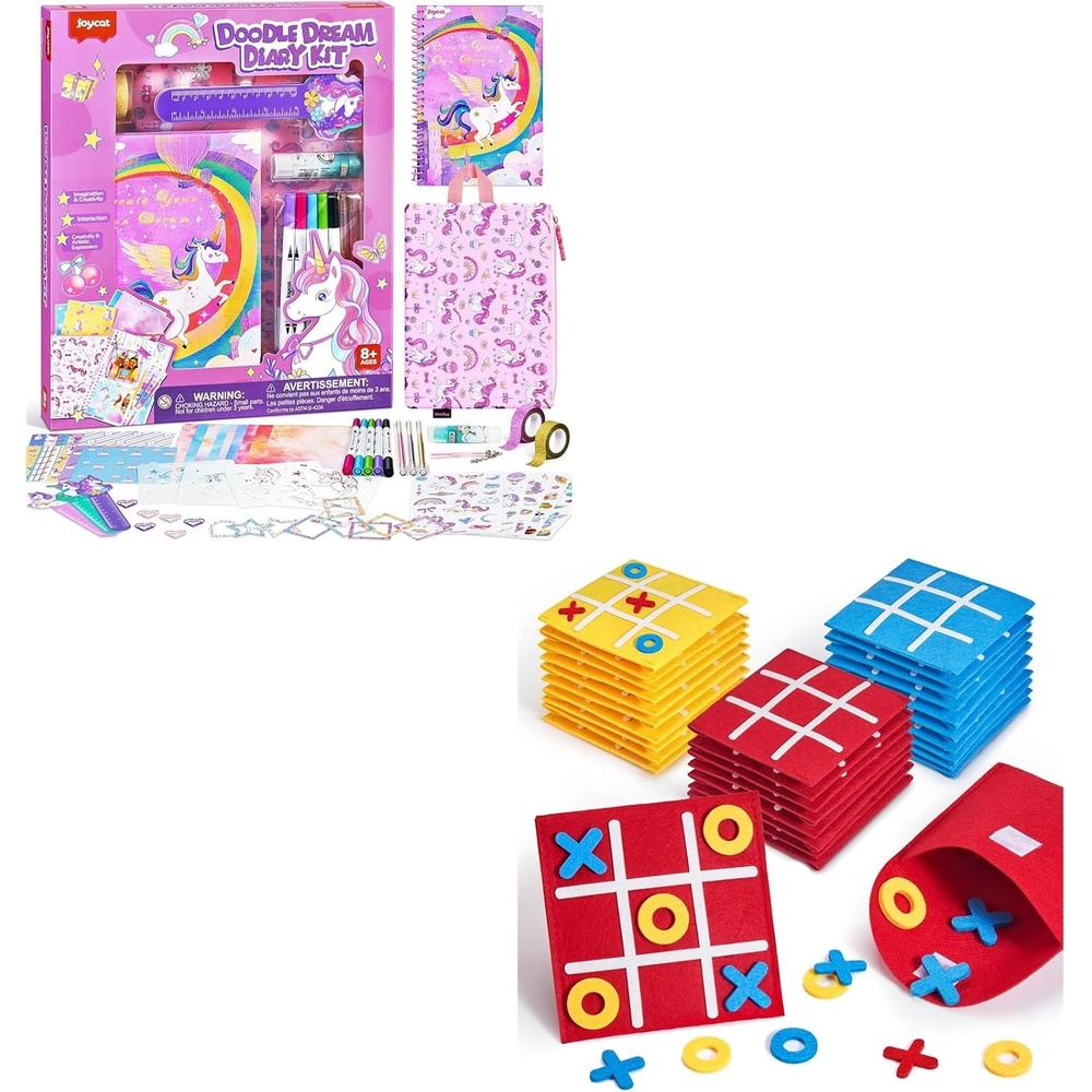 JoyCat DIY Journal Kit for Girls with Storage Bag+30 Pack Tic Tac Toe Party Favors for Kids, Classroom Prizes, Goodie Bag Stuffers, Birthday Gifts for Students