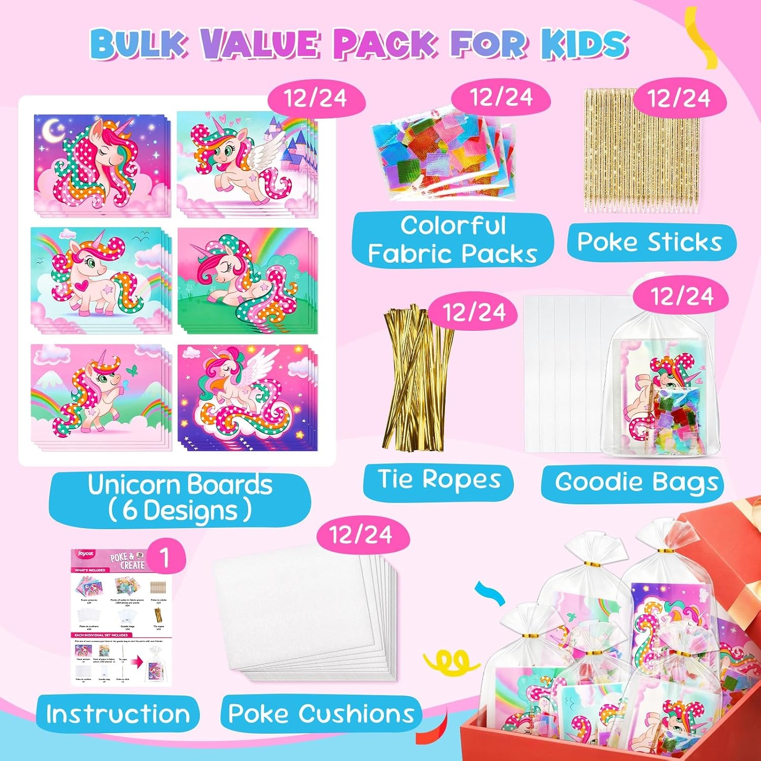 JoyCat 24 Pack DIY Poke Art Unicorn Party Favors for Girls, Mess-Free Craft Kits for Kids Ages 4-9, Activity Set for Birthday Goodie Bags, Classroom Prizes and Group Fun