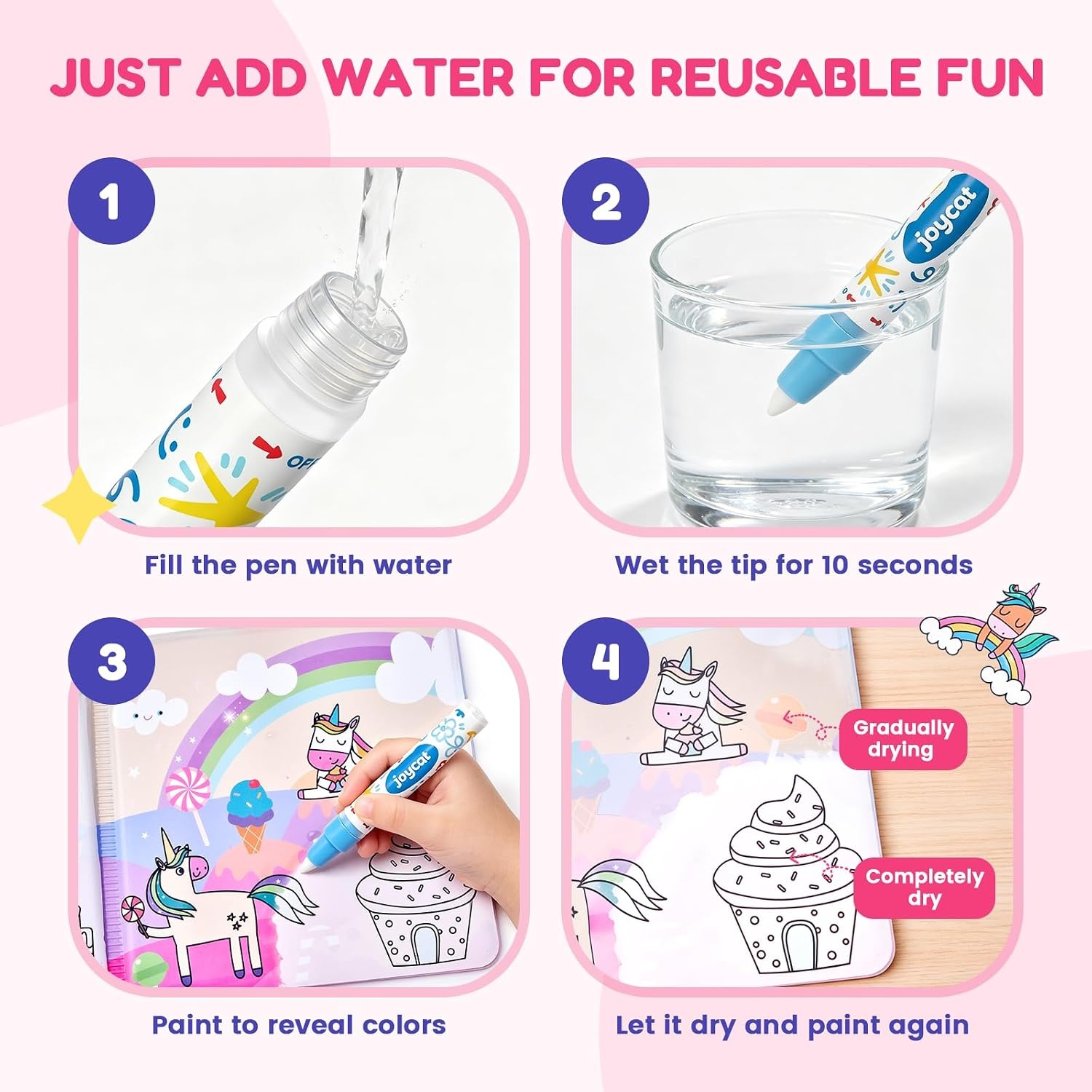 JoyCat Ocean Water Coloring Book for Toddlers with Water Pen(Unicorn)