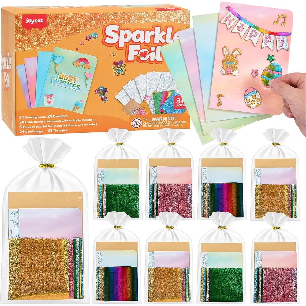 JoyCat 24 Pack Dinosaur Foil Art Party Favors, Craft Kits for Kids Ages 4-9(Greeting Cards)